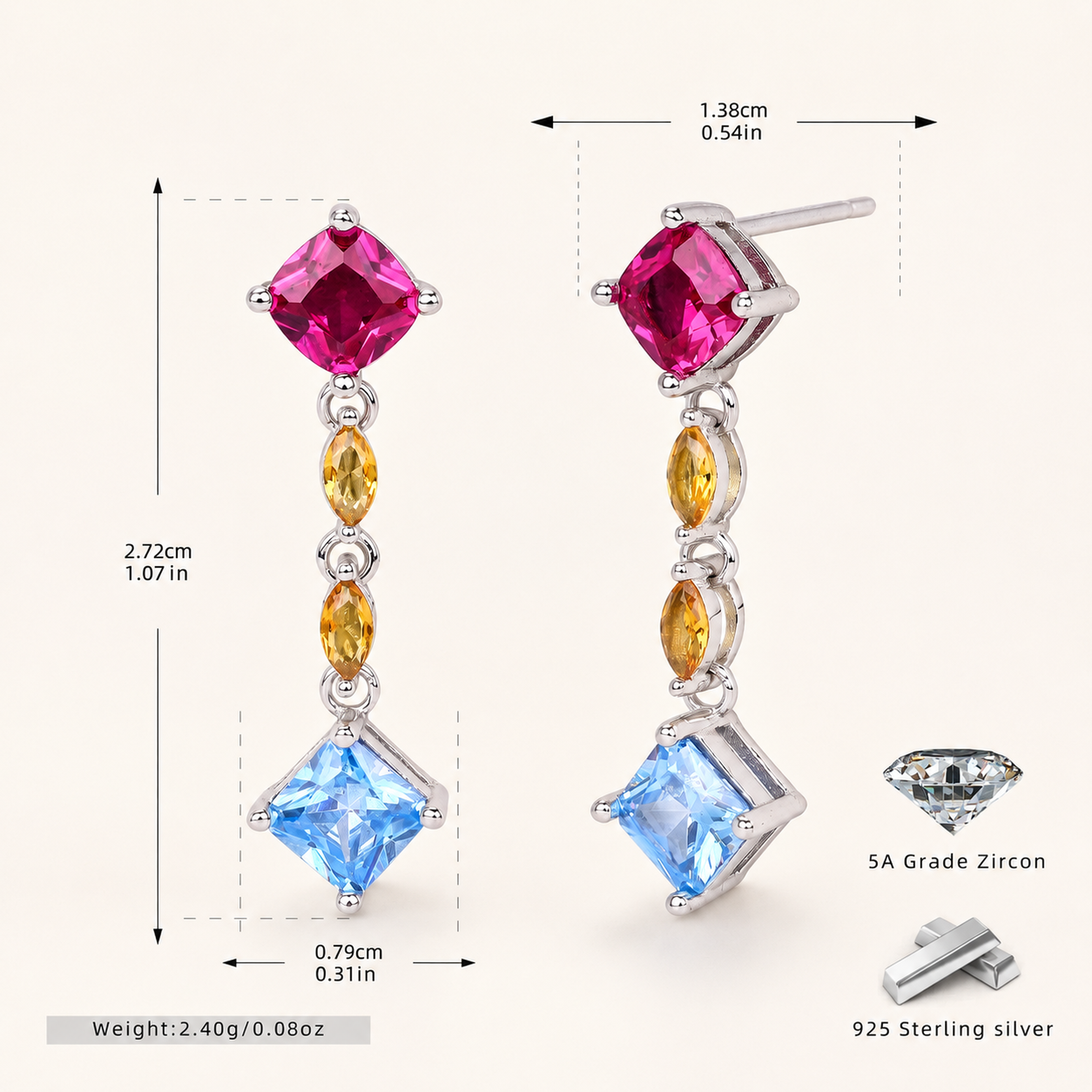Sterling Silver Square Zirconia Tassel Drop Stud Earrings - Platinum