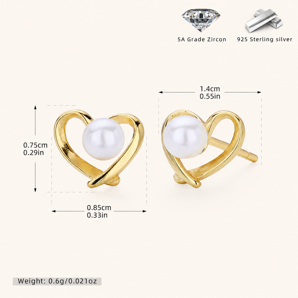 Sterling Silver Pearl Heart Stud Earrings - Gold