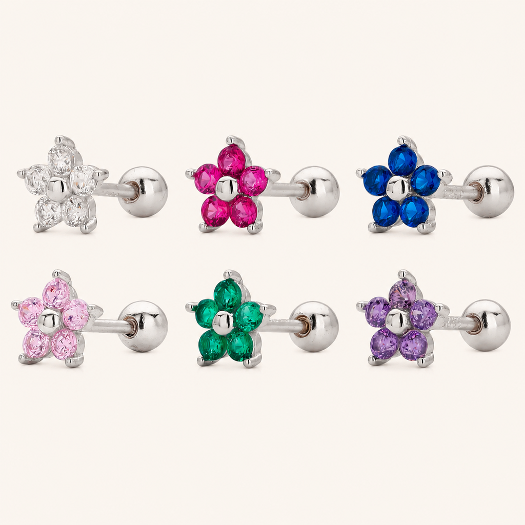 Sterling Silver Five-Point Star Zirconia Flat Back Earrings
