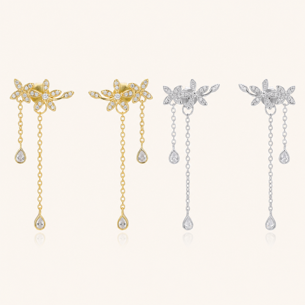 Sterling Silver Branch and Leaf Drop Stud Earrings