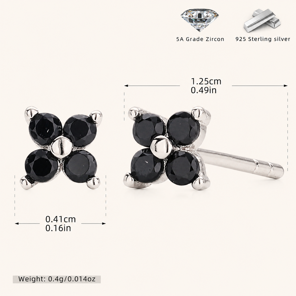 Sterling Silver Four-Petal Flower Stud Earrings - Platinum / Black
