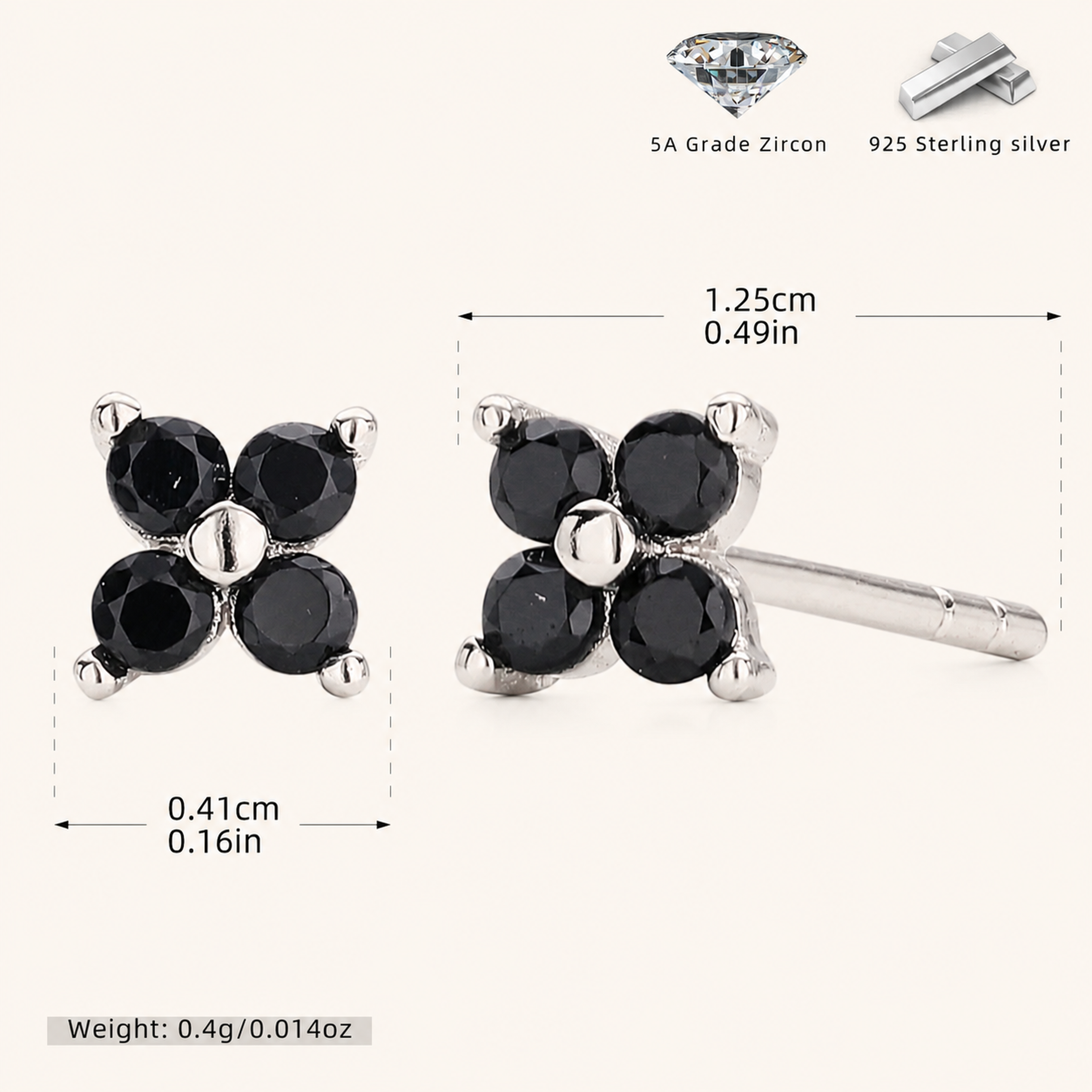 Sterling Silver Four-Petal Flower Stud Earrings - Platinum / Black