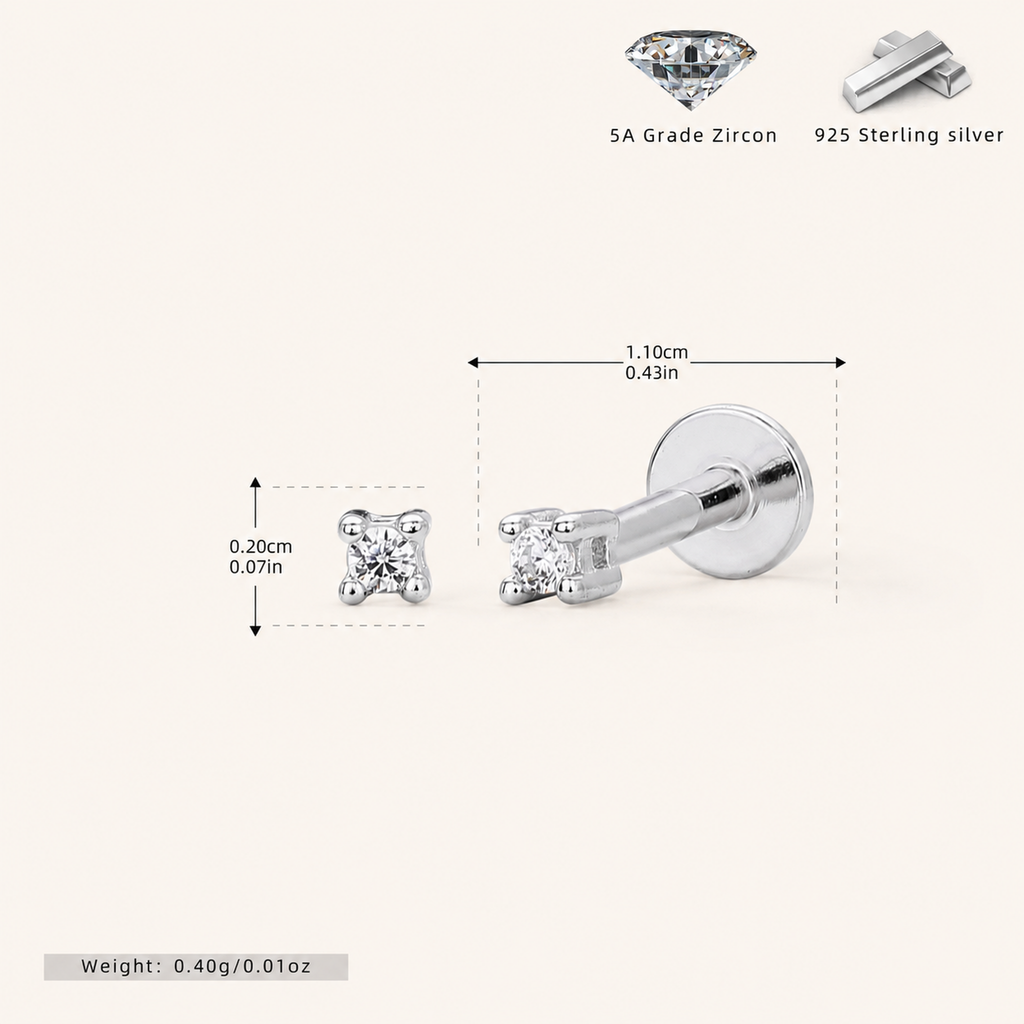 Sterling Silver Round Zirconia Solitaire Flat Back Earrings - Platinum / 1.5mm