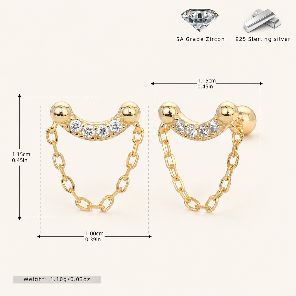 Sterling Silver Twisted Bead Zirconia Drop Flat Back Earrings - Gold