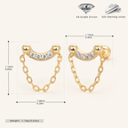 Sterling Silver Twisted Bead Zirconia Drop Flat Back Earrings - Gold