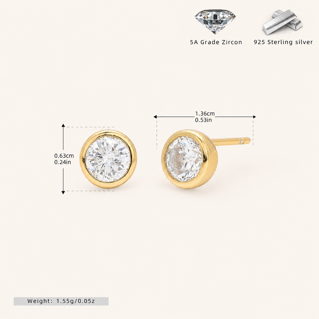 Sterling Silver Round Zirconia Stud Earrings - Gold