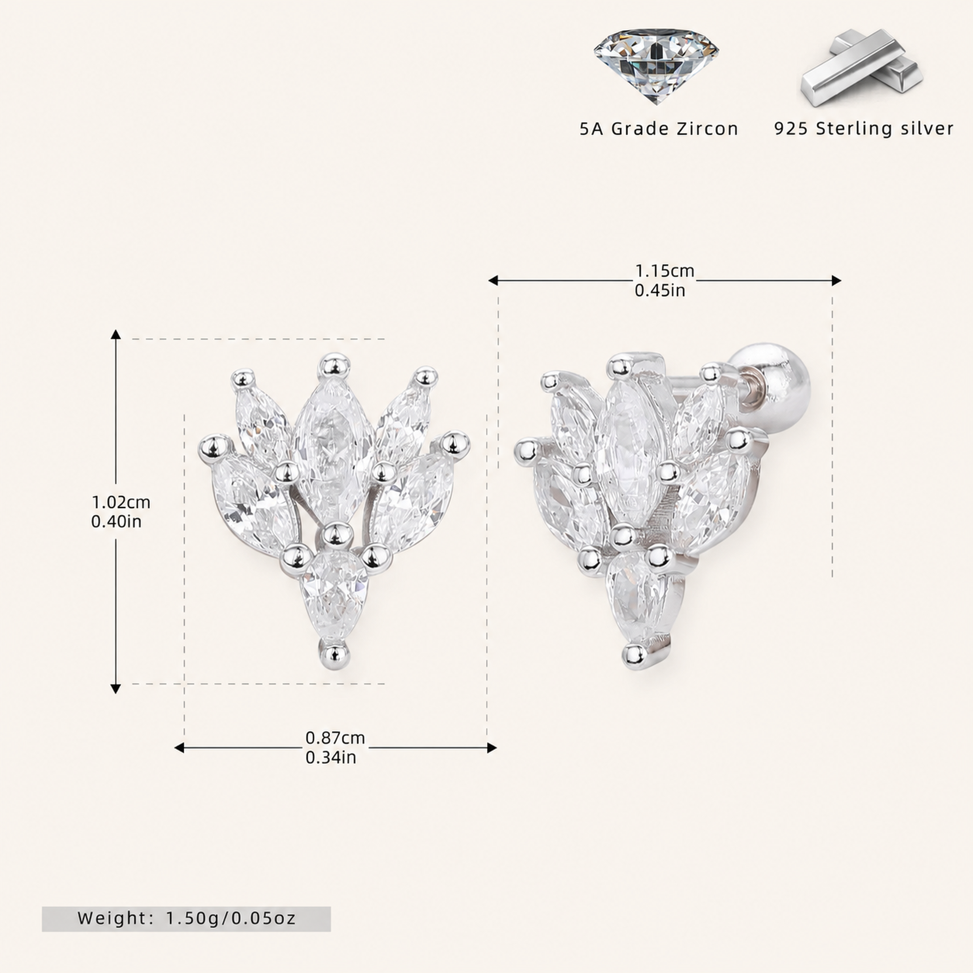 Sterling Silver Marquise Zirconia Flat Back Earrings - Platinum
