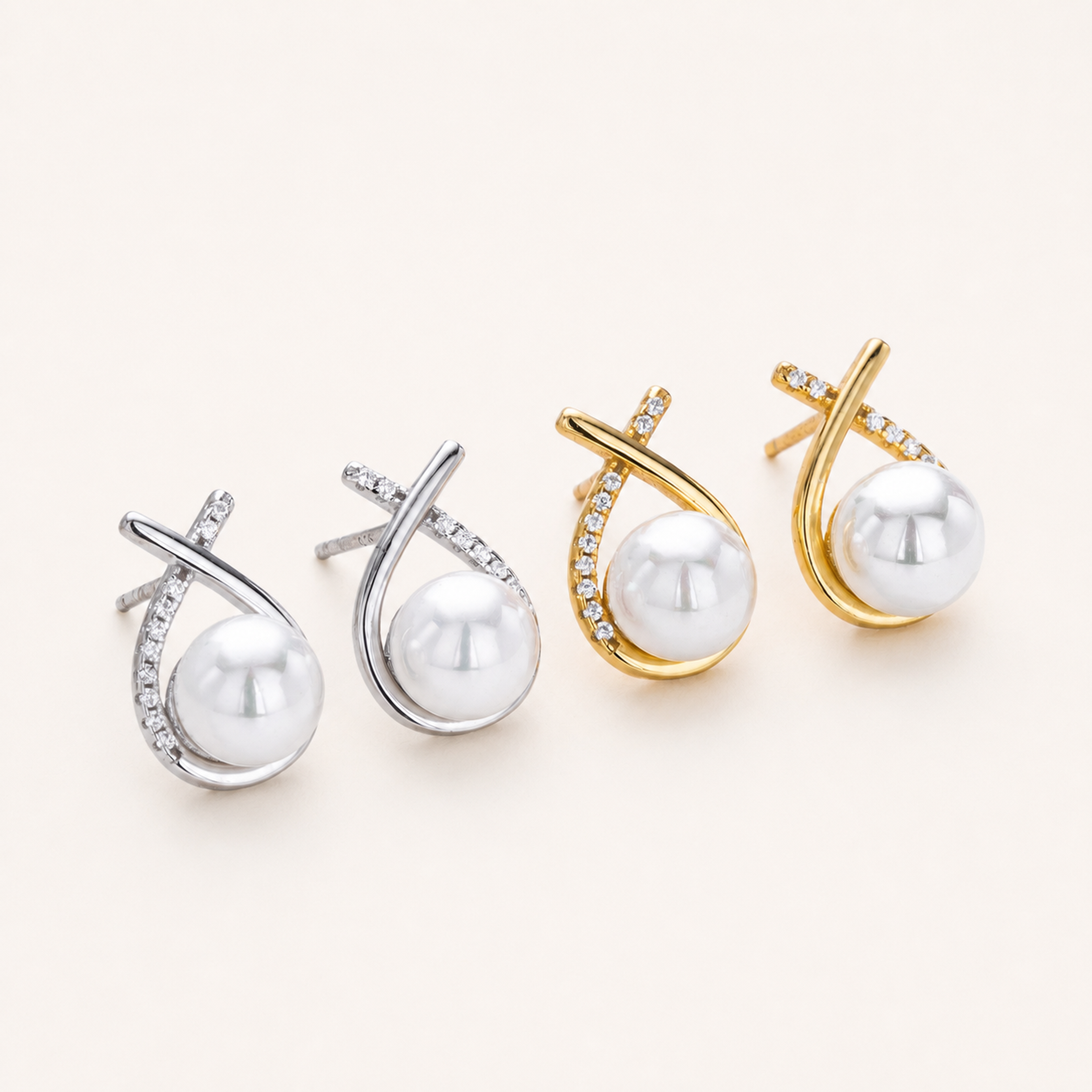Sterling Silver Pearl And Crossover Zirconia Stud Earrings detail view