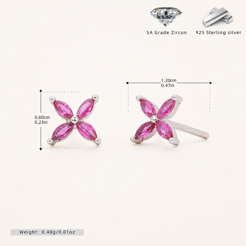 Sterling Silver Marquise Zirconia Flower Stud Earrings - Platinum / Red Corundum
