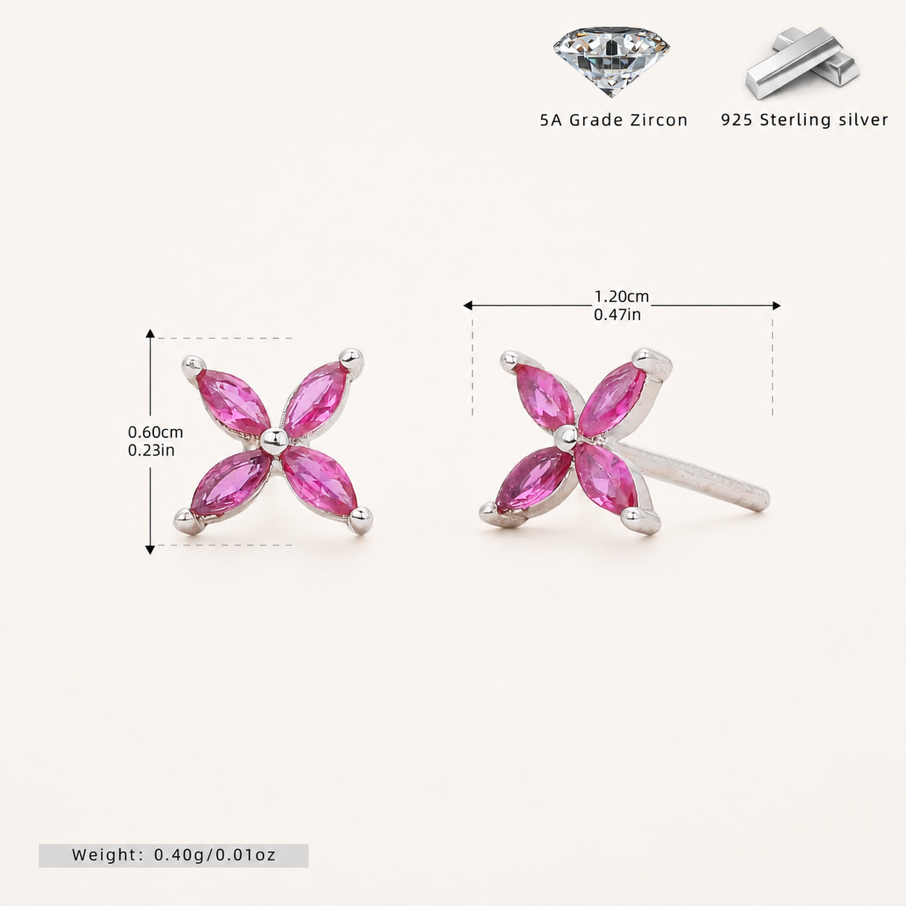 Sterling Silver Marquise Zirconia Flower Stud Earrings - Platinum / Red Corundum