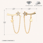 Sterling Silver Star Zirconia Chain Drop Stud Earrings - Gold