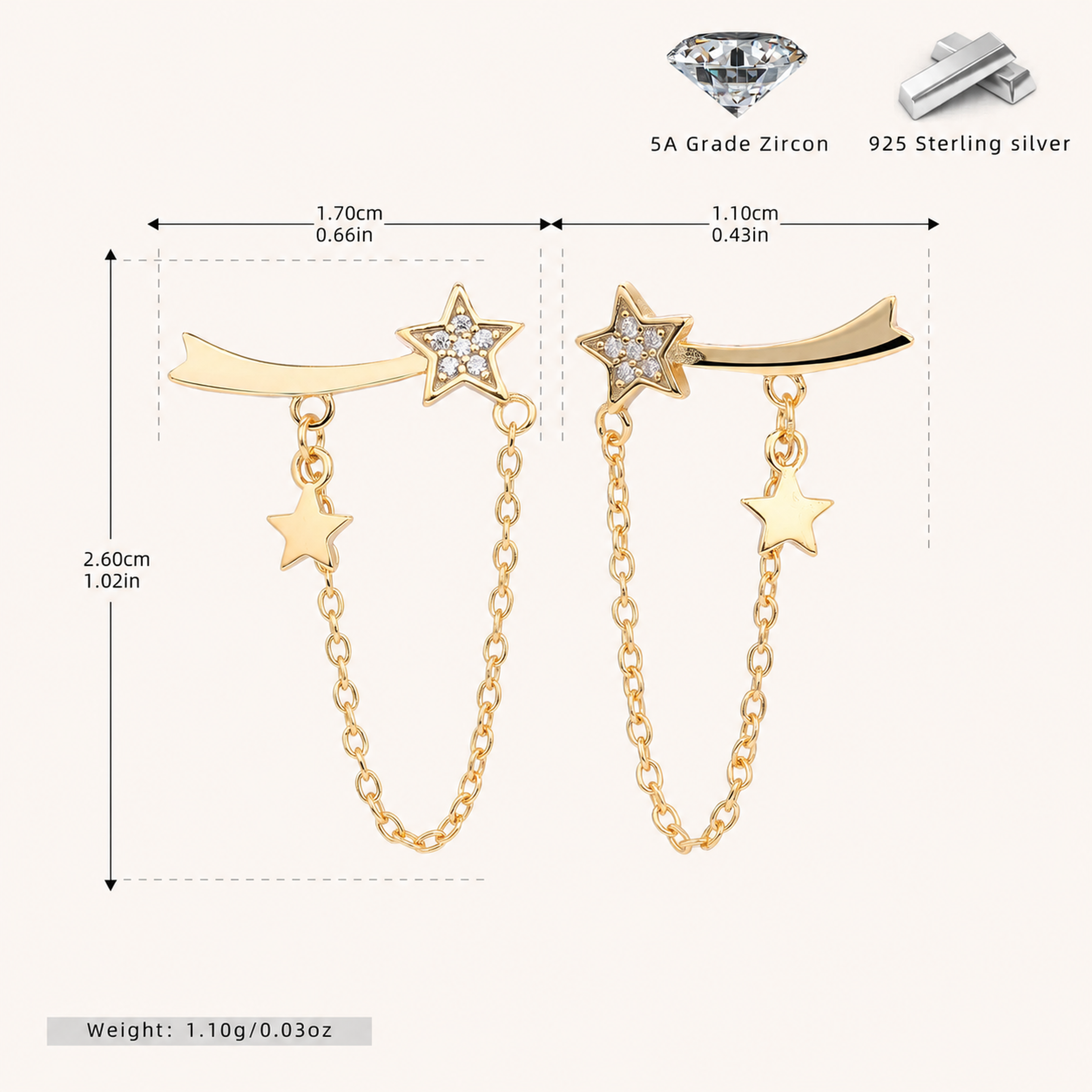 Sterling Silver Star Zirconia Chain Drop Stud Earrings - Gold