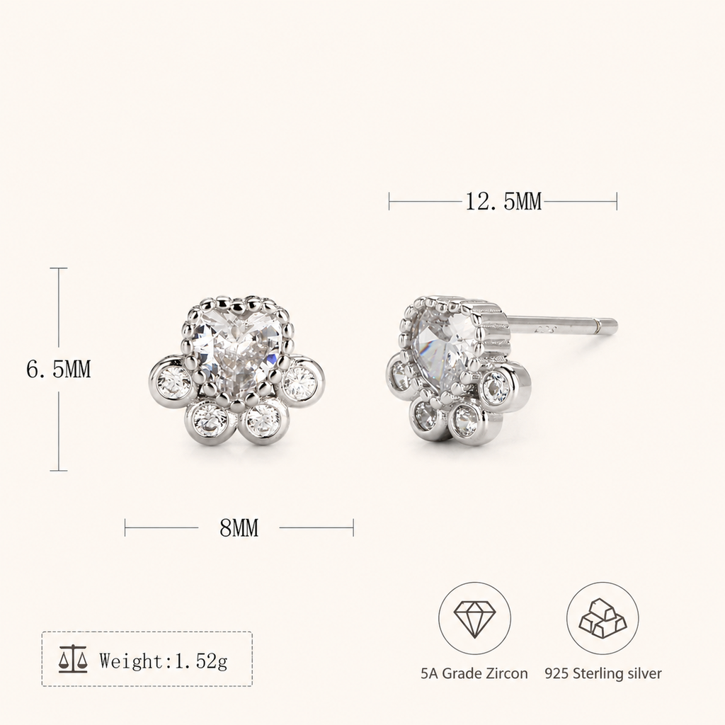 Sterling Silver Cat Paw Zirconia Flower Stud Earrings - Platinum