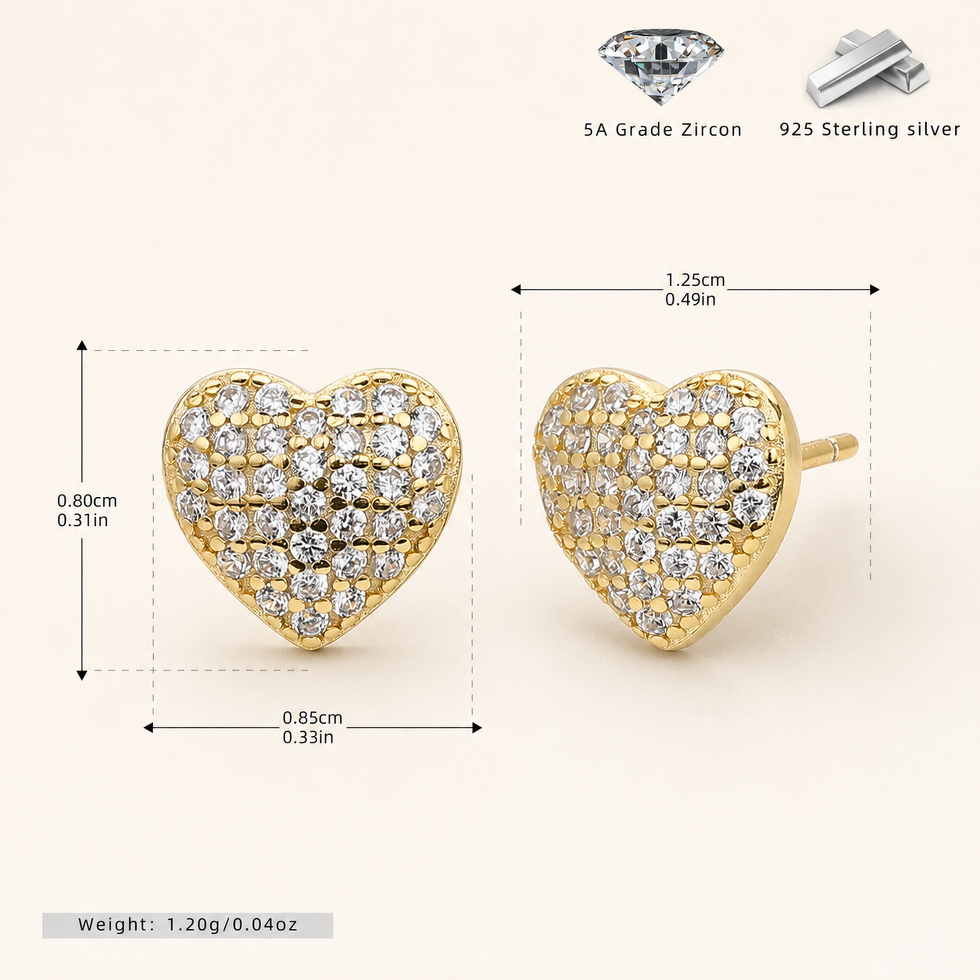 Sterling Silver Pave Heart Zirconia Stud Earrings - Gold