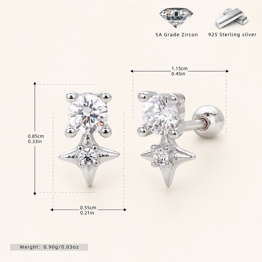 Sterling Silver Four-Point Star Zirconia Flat Back Earrings - Platinum