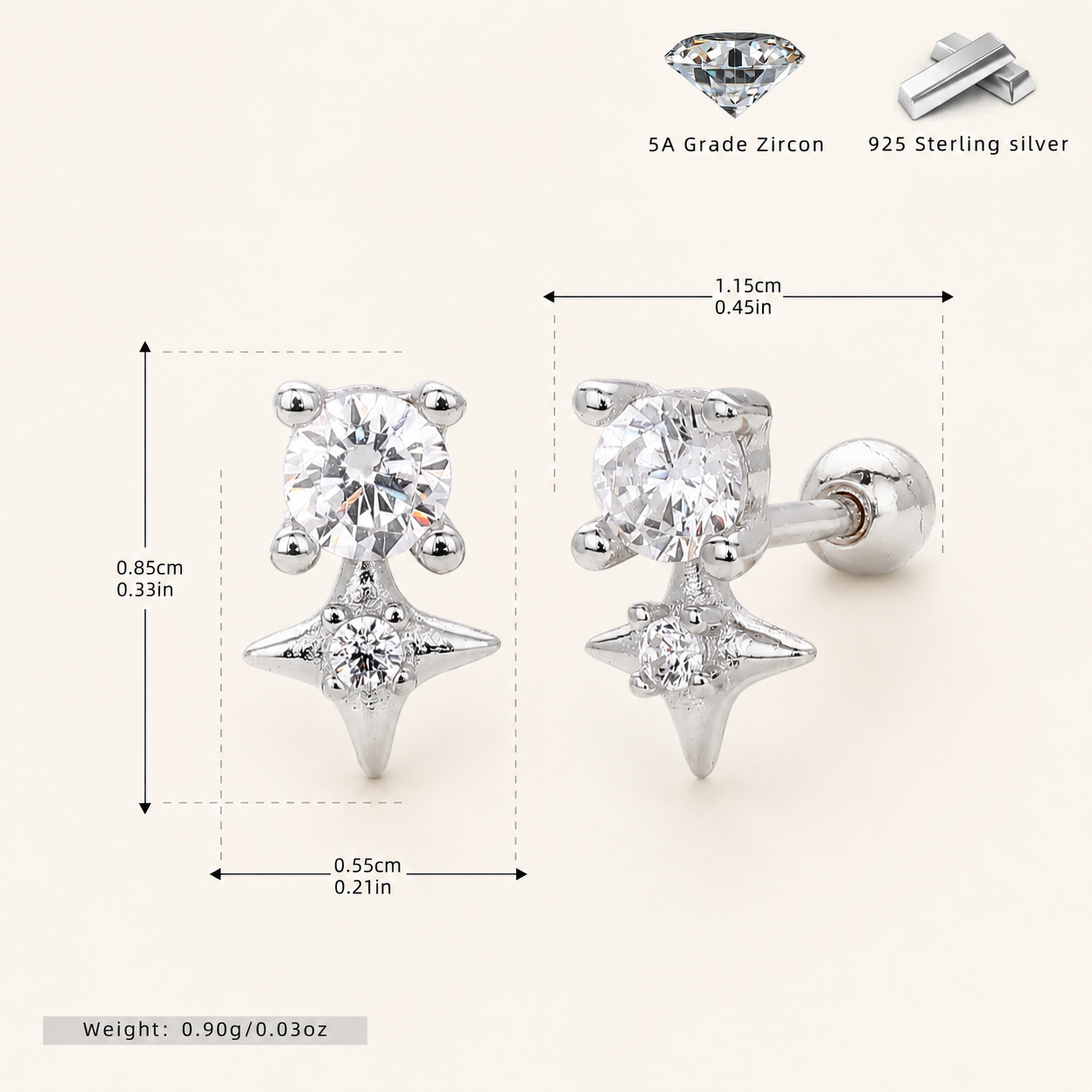 Sterling Silver Four-Point Star Zirconia Flat Back Earrings - Platinum