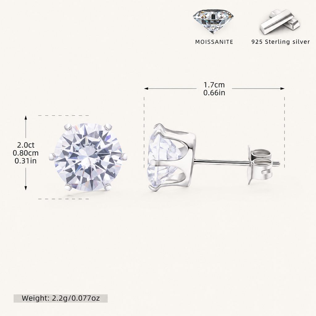 Sterling Silver Six-Prong Moissanite Solitaire Stud Earrings - Platinum / 8mm