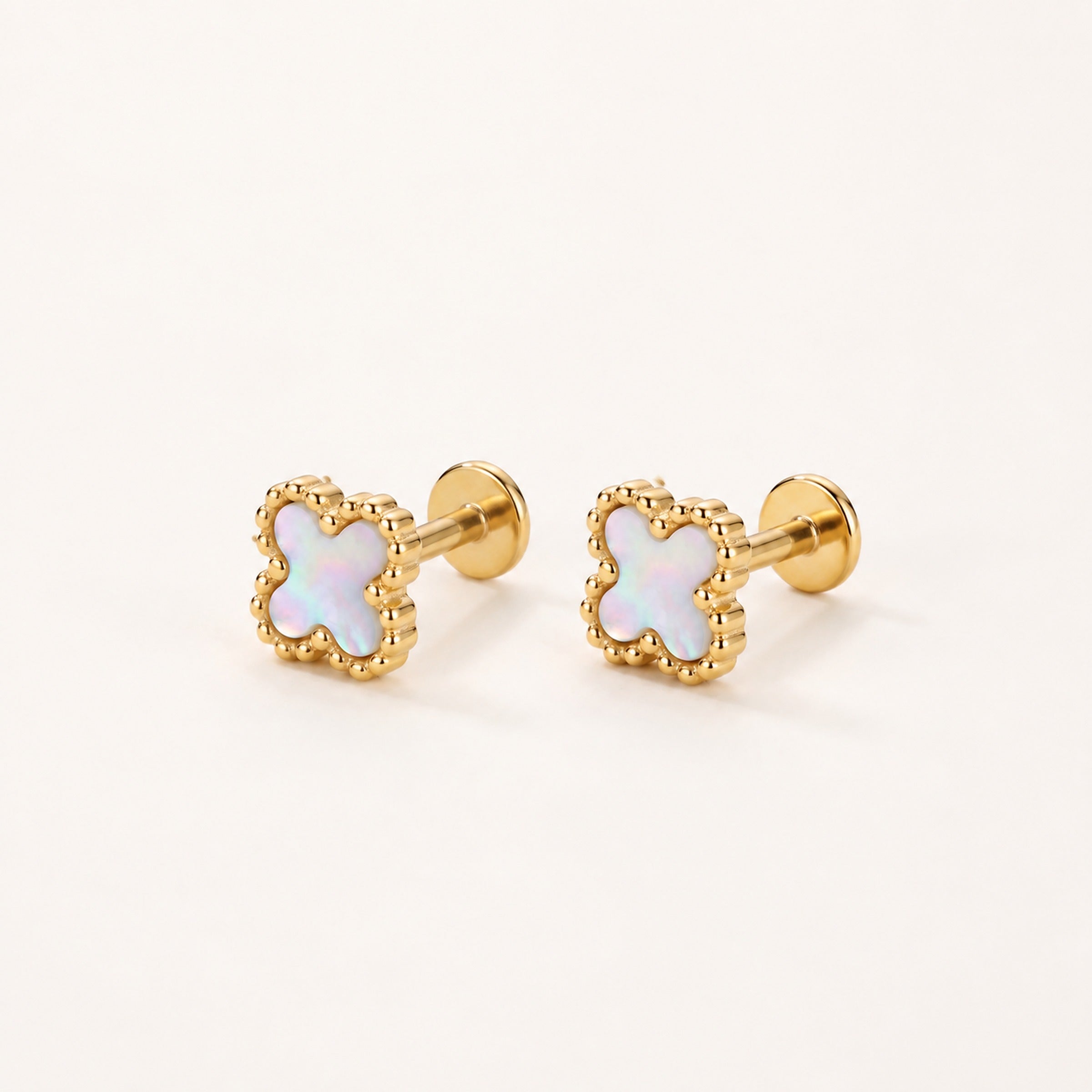 Natural Shell Clover Titanium Flat Back Earring for Sensitive Ears