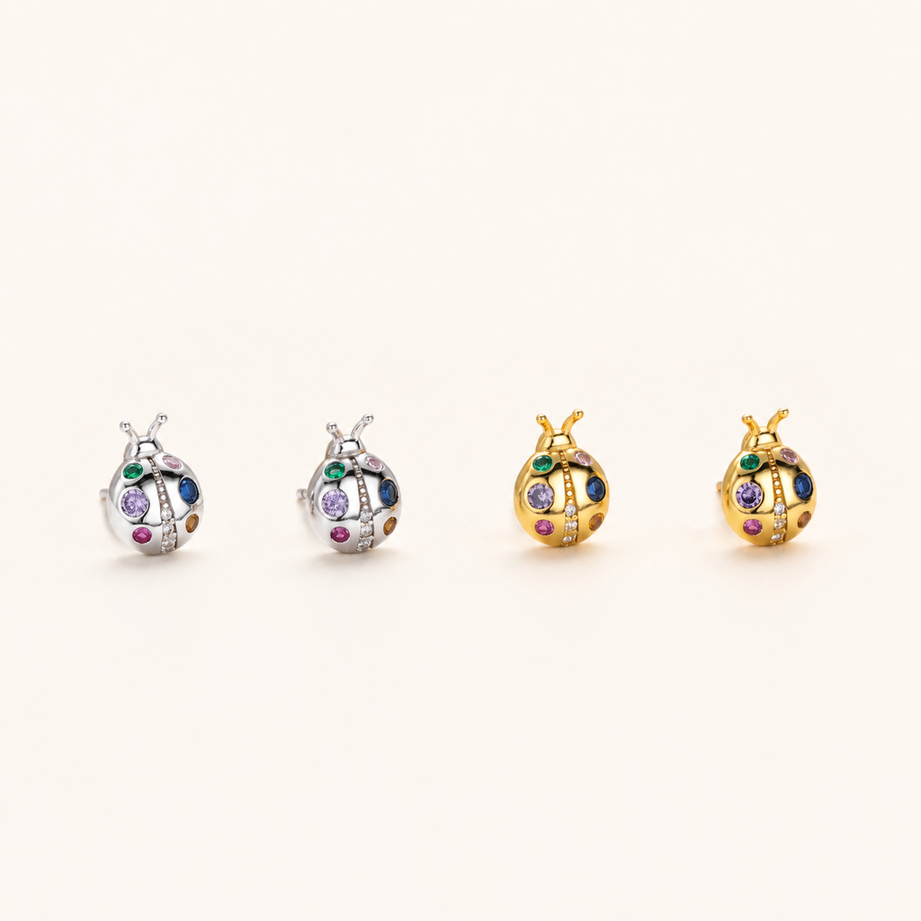 Sterling Silver Color Zirconia Ladybug Stud Earrings detail
