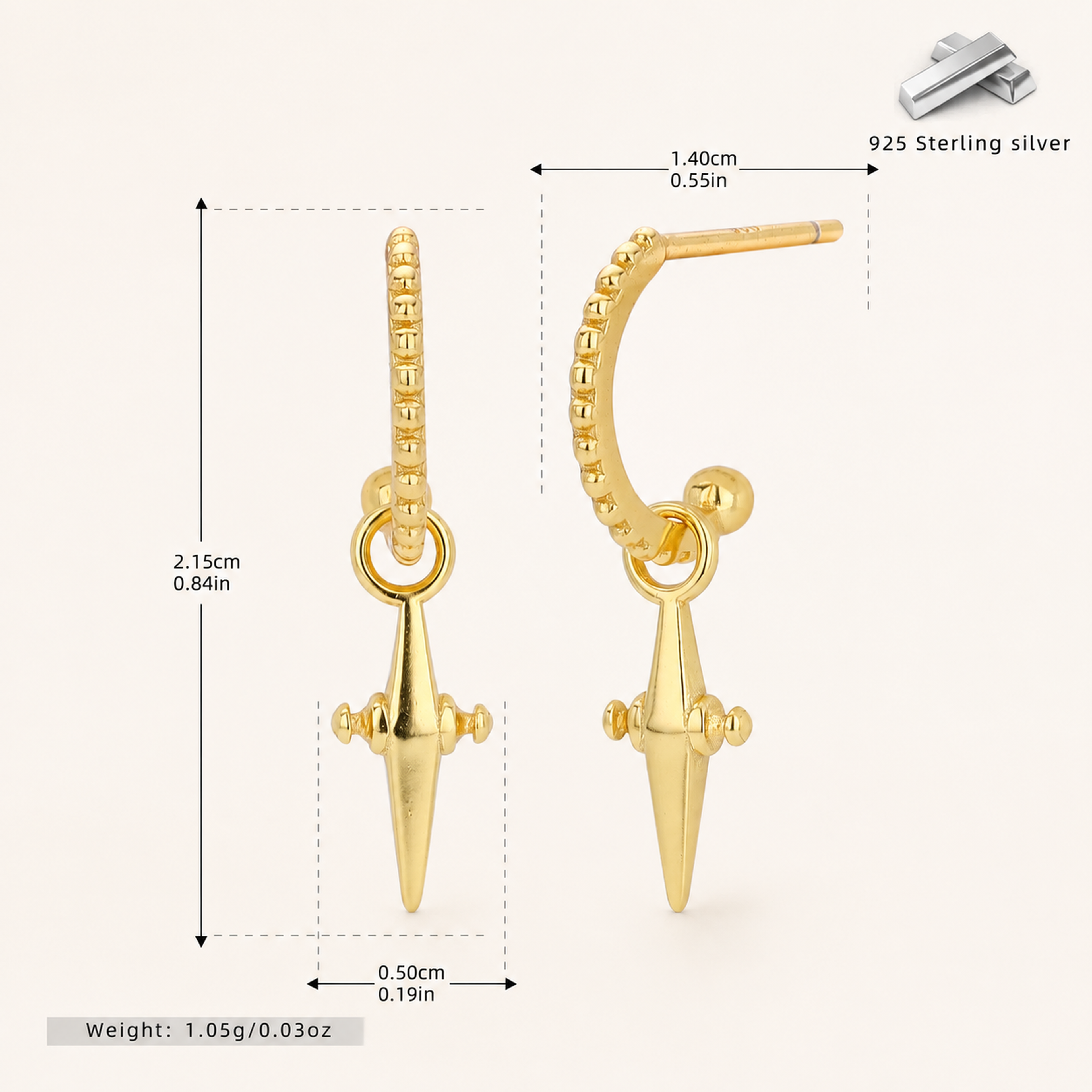 Sterling Silver Cross & Star Chain Drop Stud Earrings - Gold