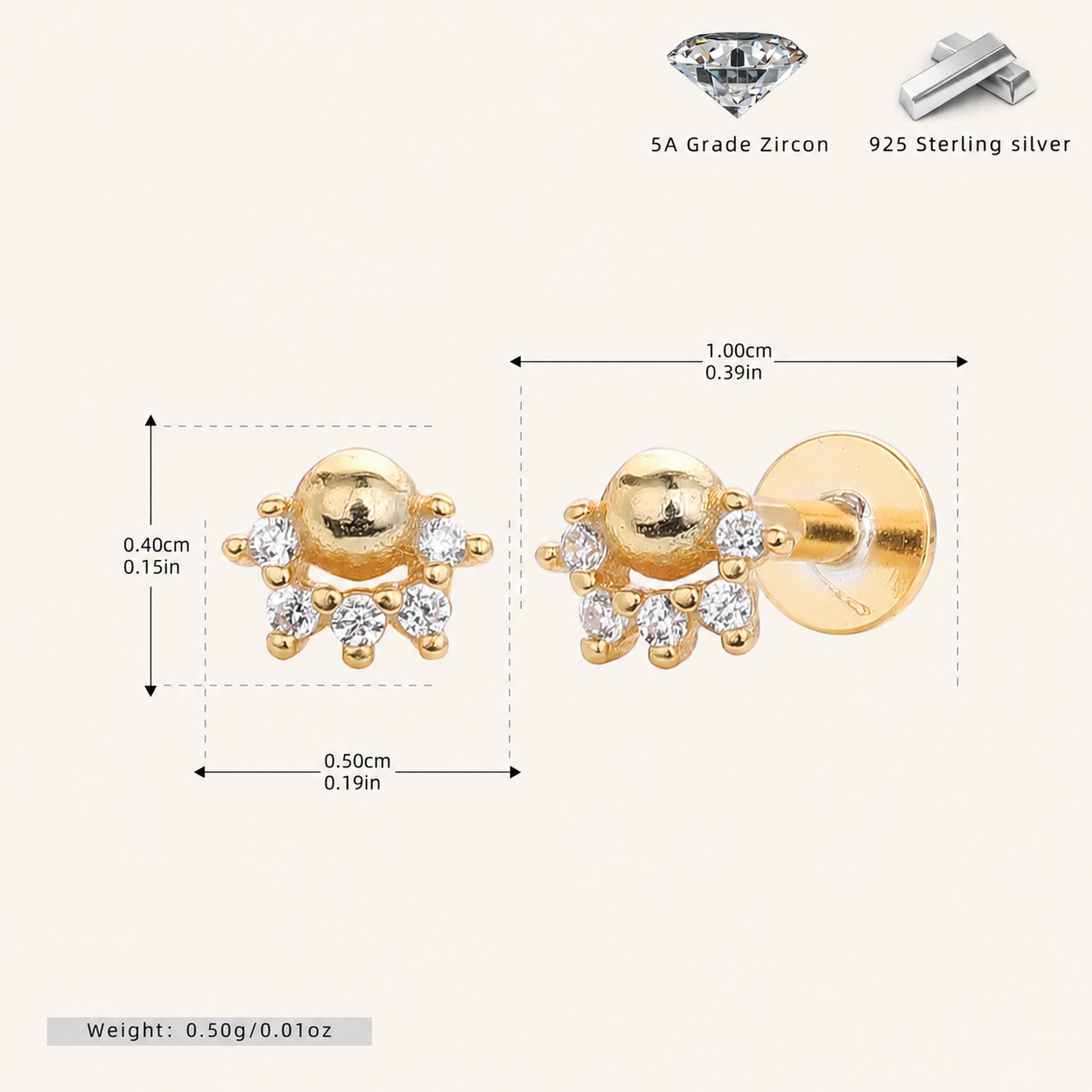 Sterling Silver Zirconia Ball Flat Back Earrings - Gold