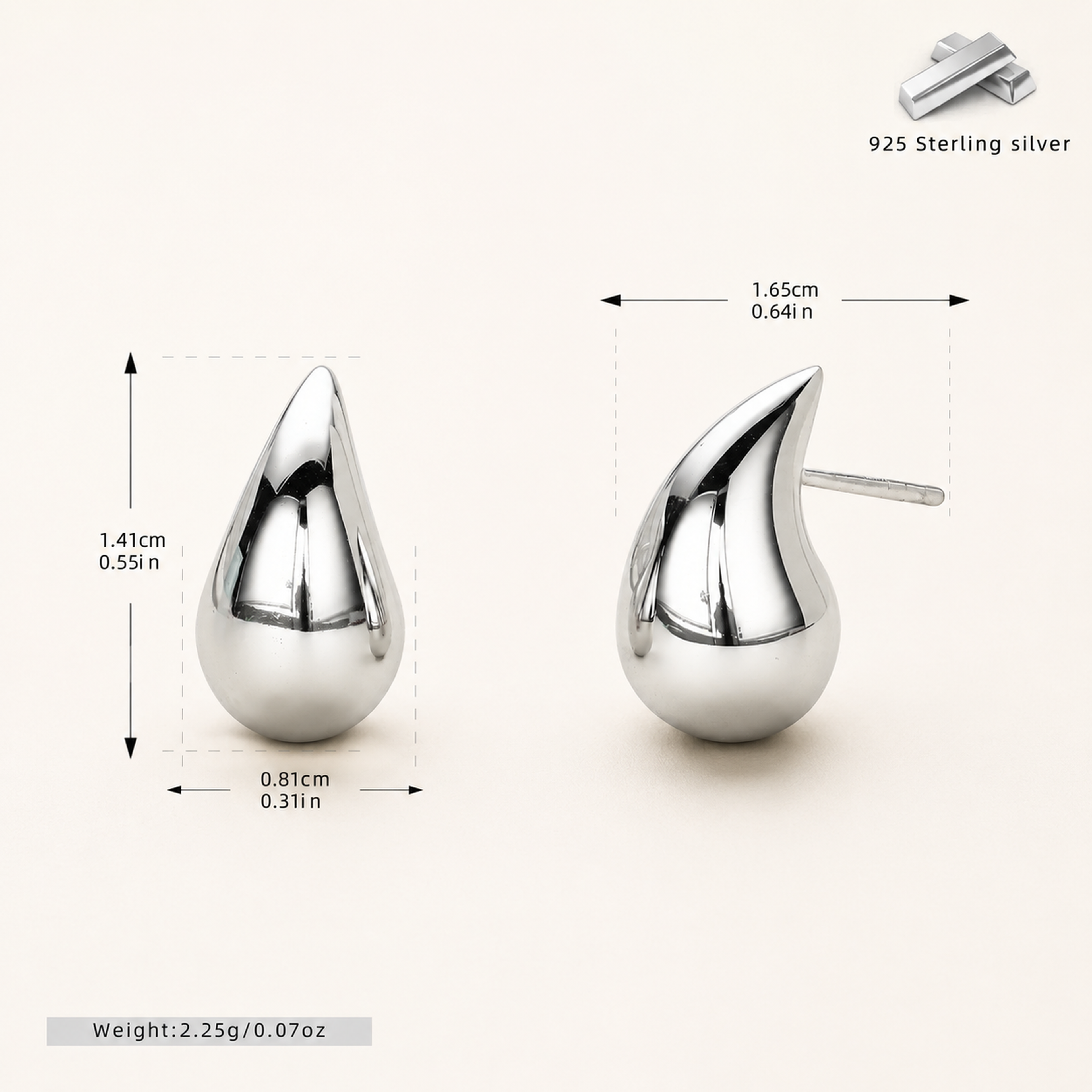 Sterling Silver Teardrop Stud Earrings - Platinum / Medium
