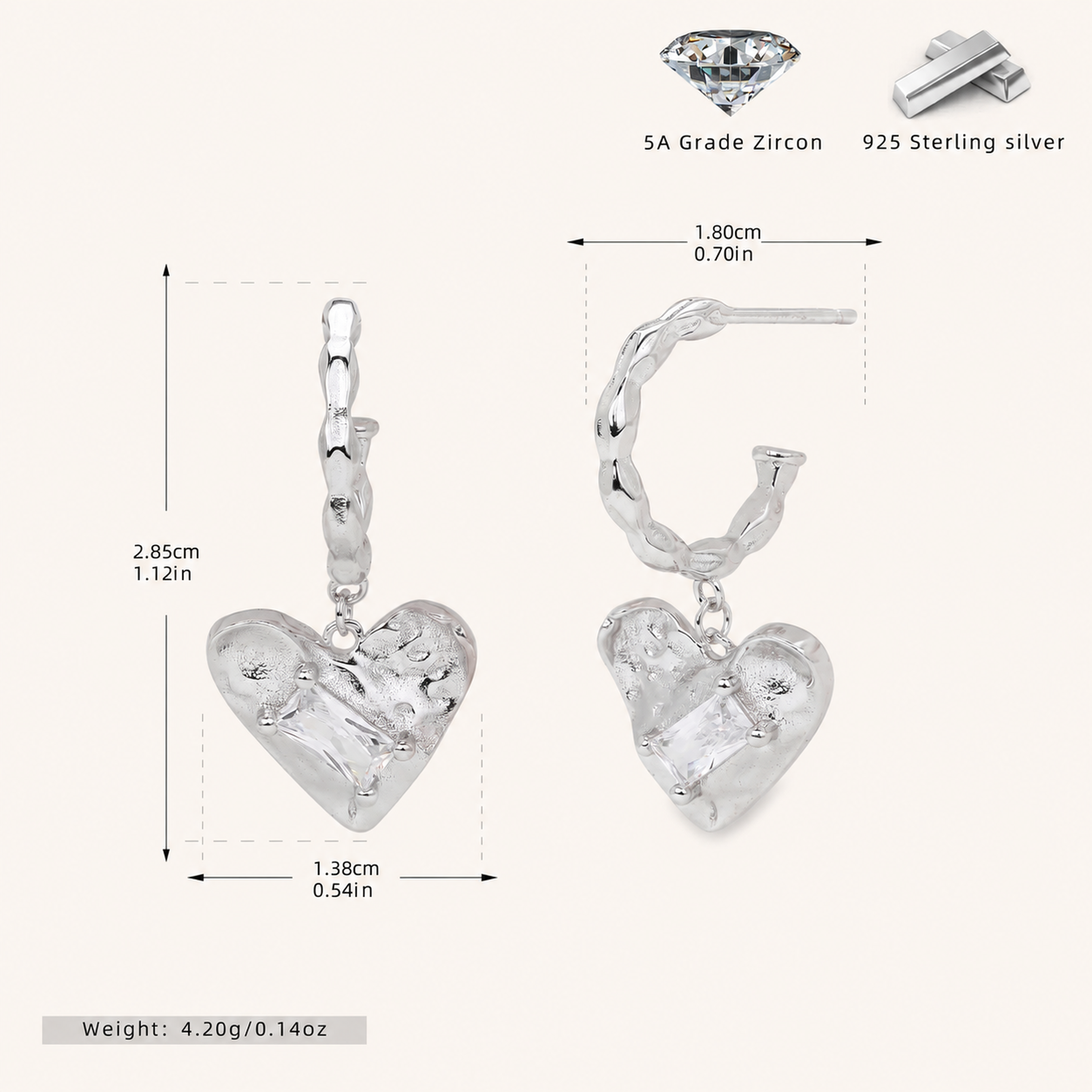 Sterling Silver Zirconia Heart Stud Earrings - Platinum