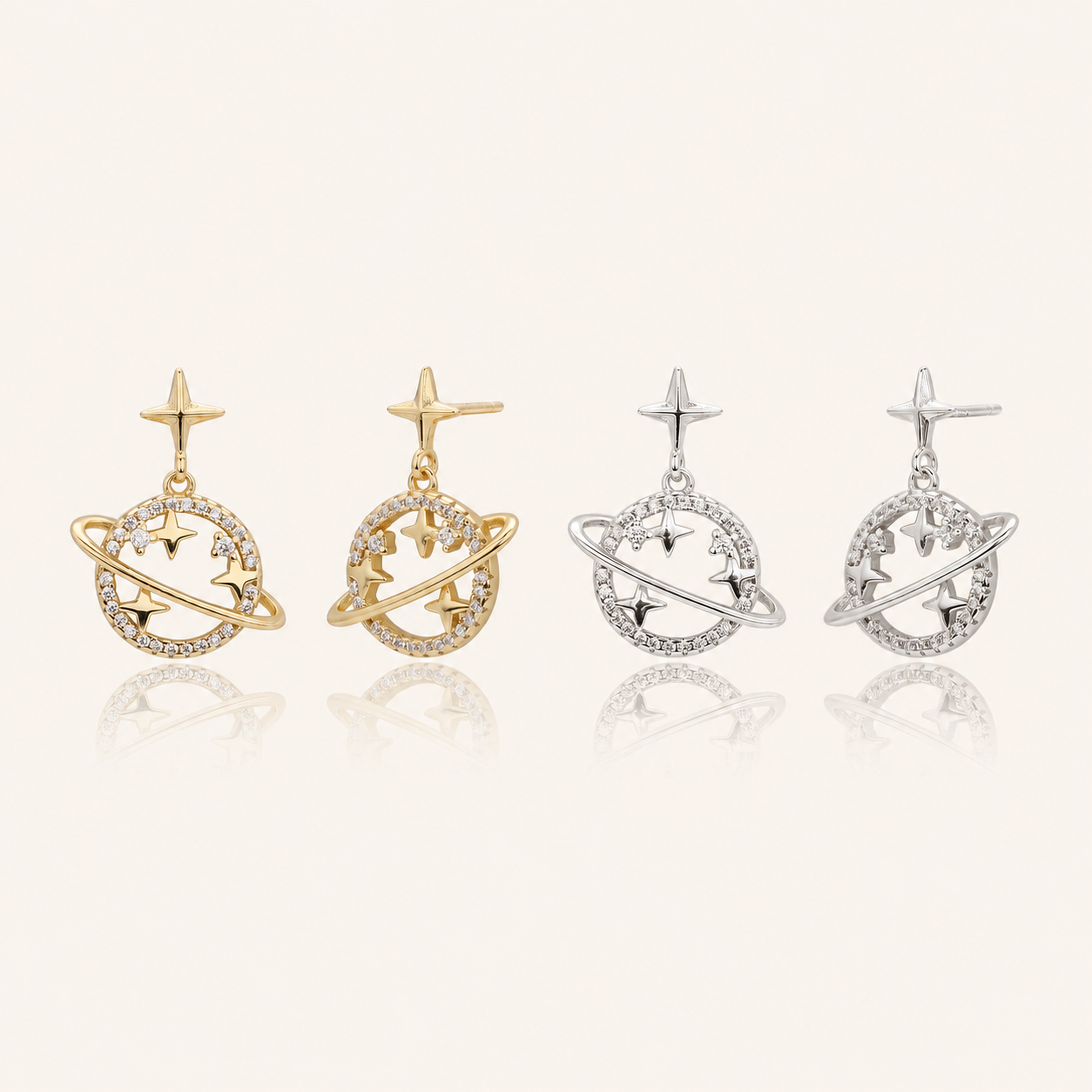 Sterling Silver Openwork Planet & Star Stud Earrings