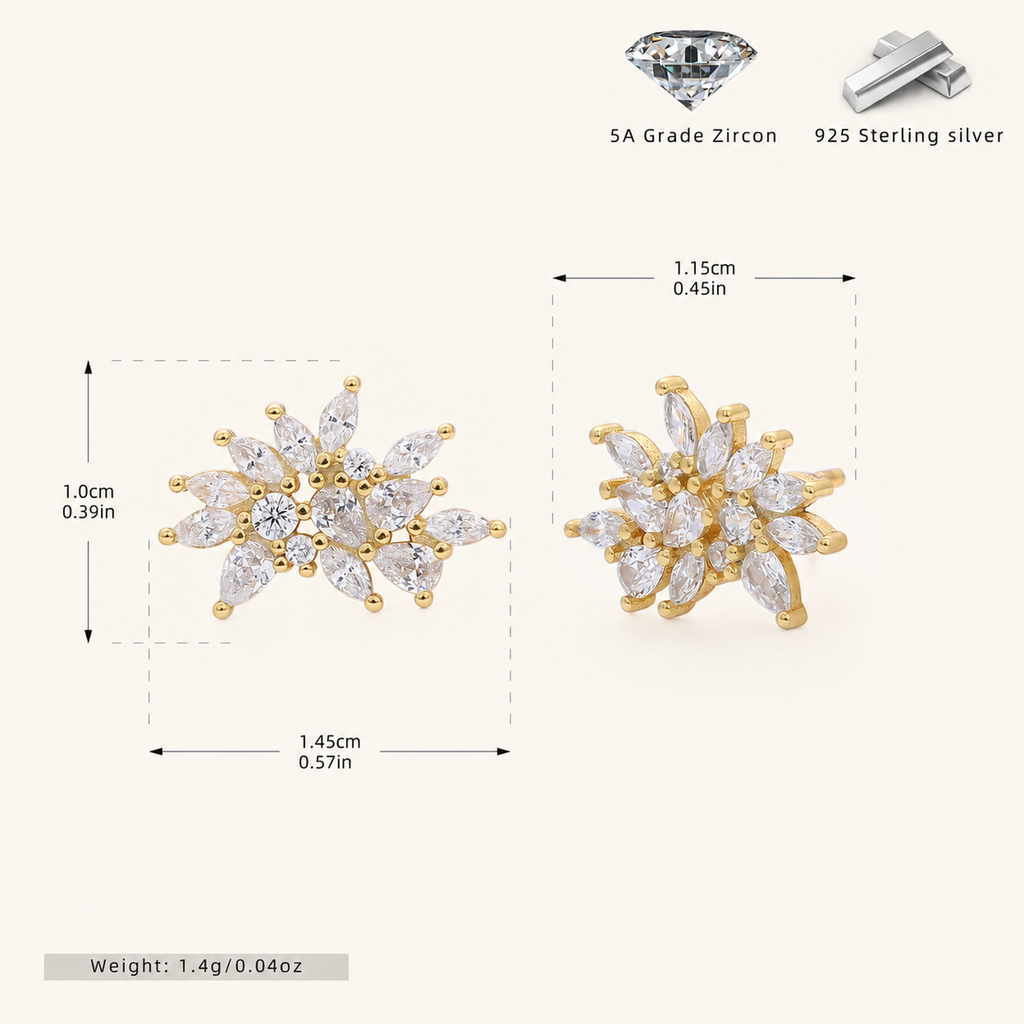 Sterling Silver Snowflake Zirconia Stud Earrings - Gold