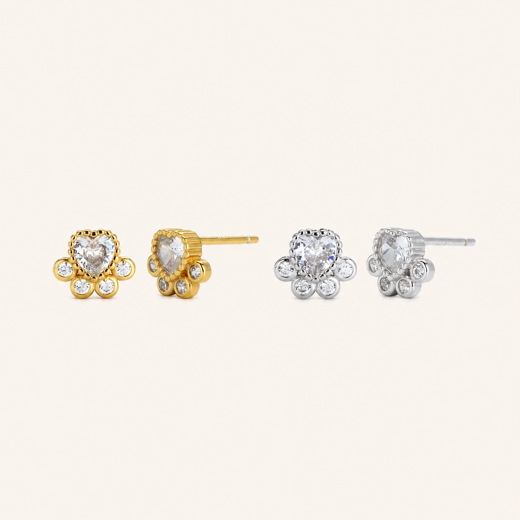 Sterling Silver Cat Paw Zirconia Flower Stud Earrings