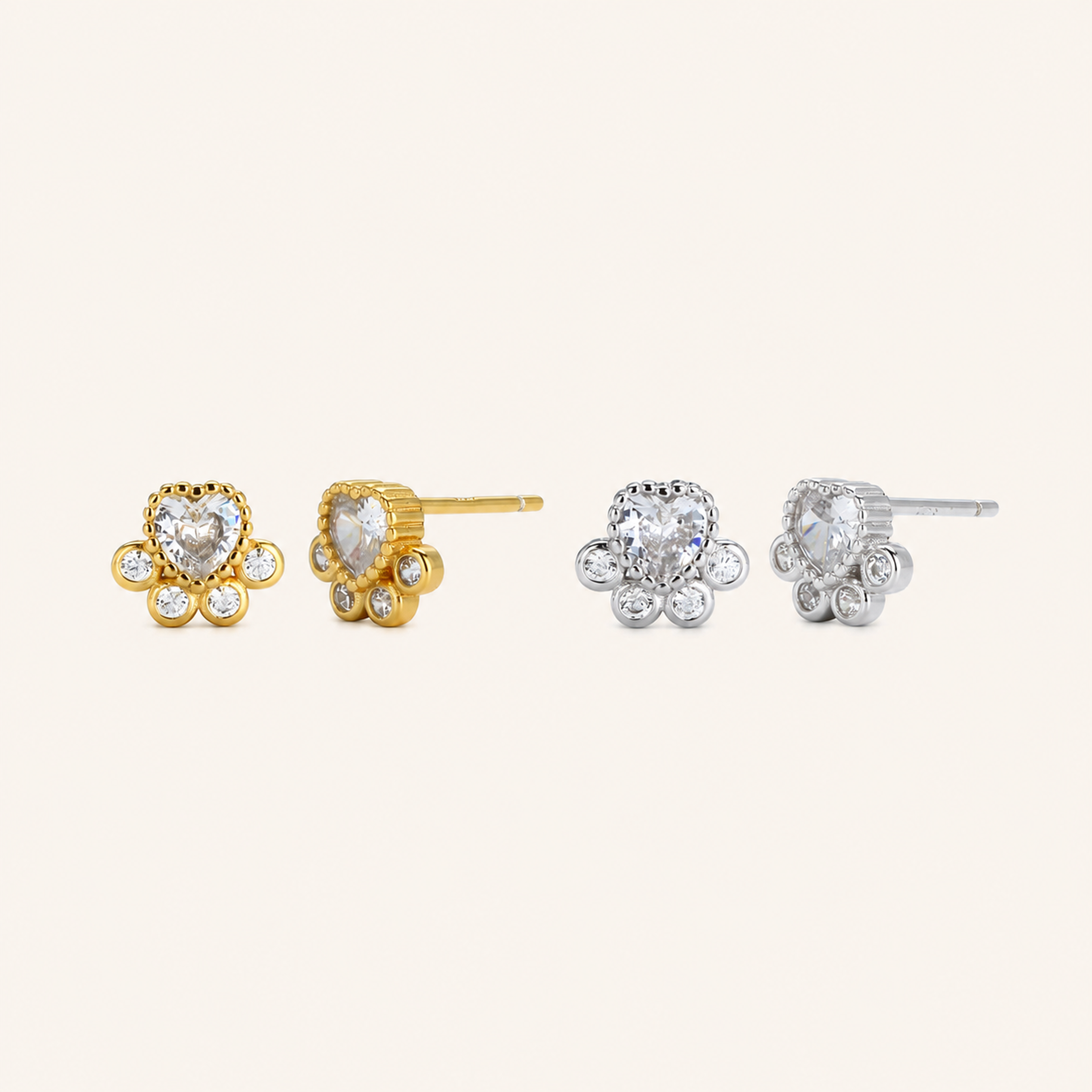 Sterling Silver Cat Paw Zirconia Flower Stud Earrings