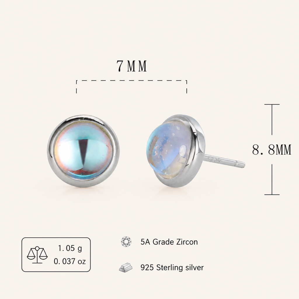 Sterling Silver Moonstone Stud Earrings - Platinum / 7mm