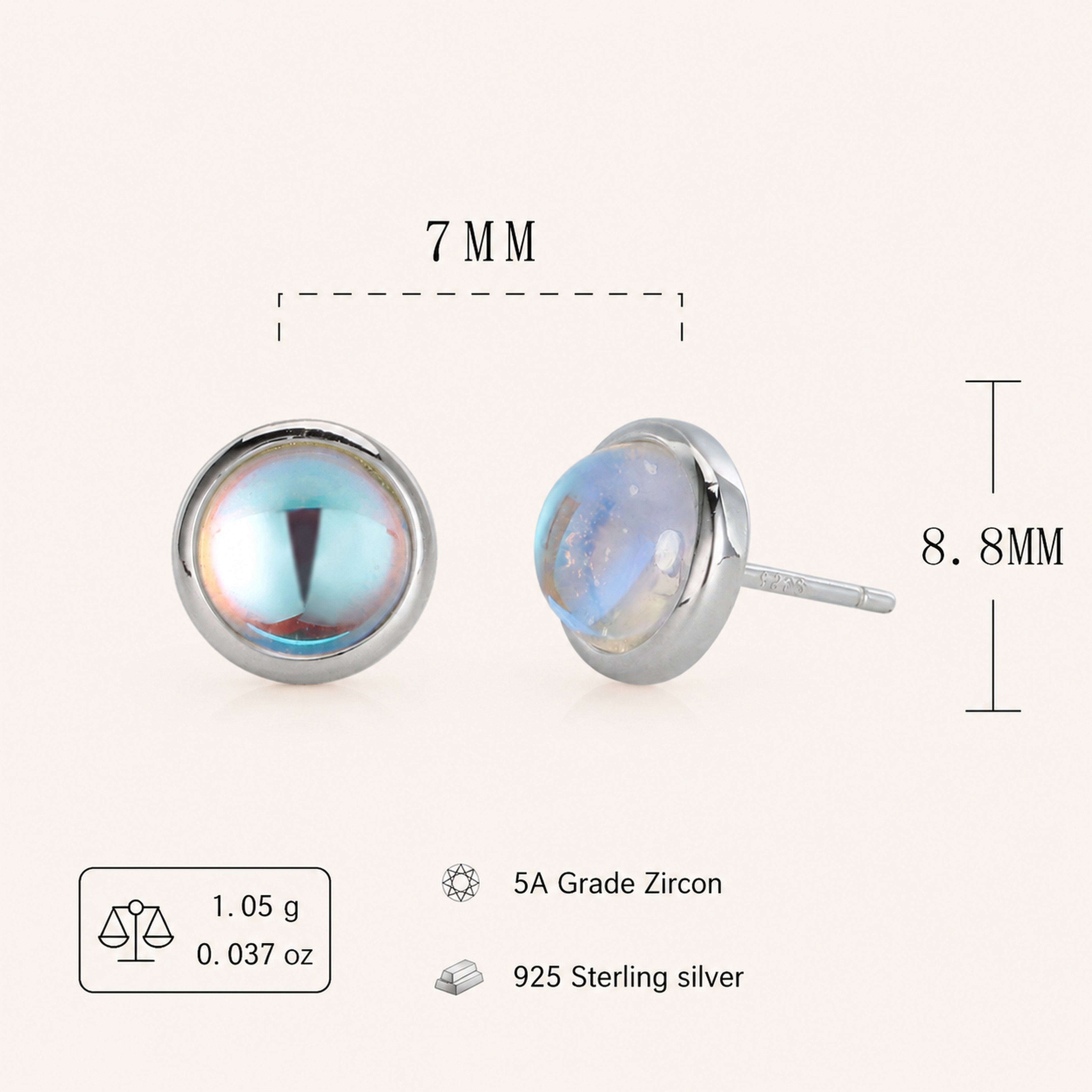 Sterling Silver Moonstone Stud Earrings - Platinum / 7mm