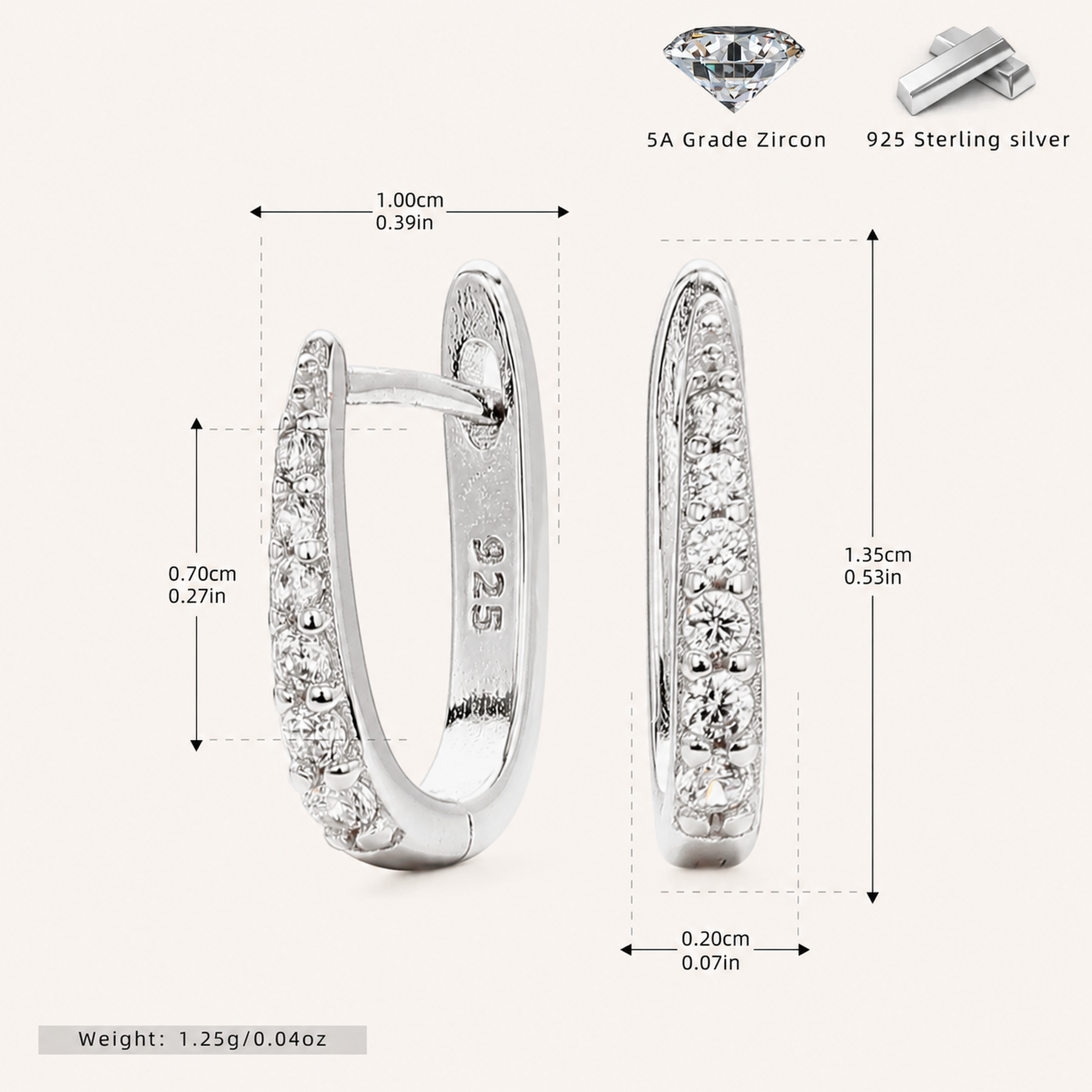 Sterling Silver Single-Row Zirconia Hoop Earrings - Platinum