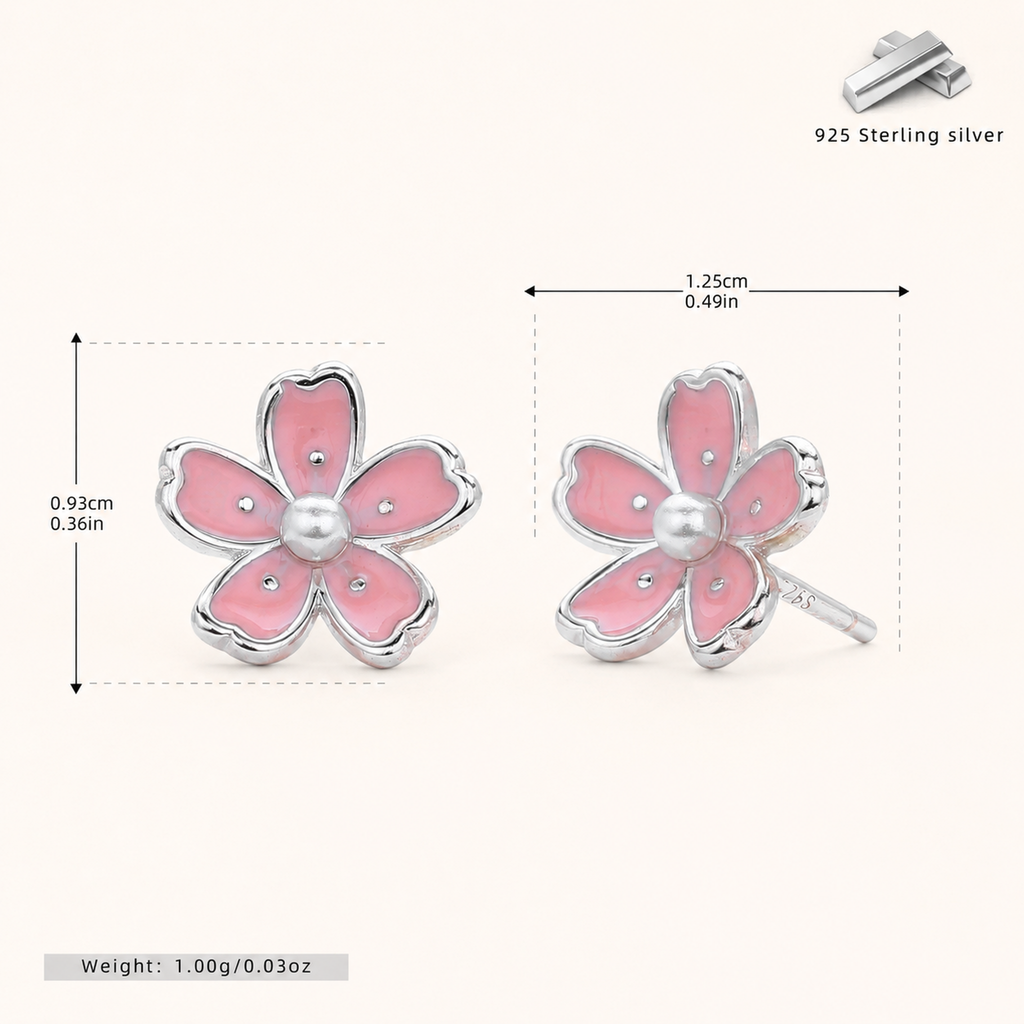 Sterling Silver Cherry Blossom Sakura Stud Earrings - Platinum