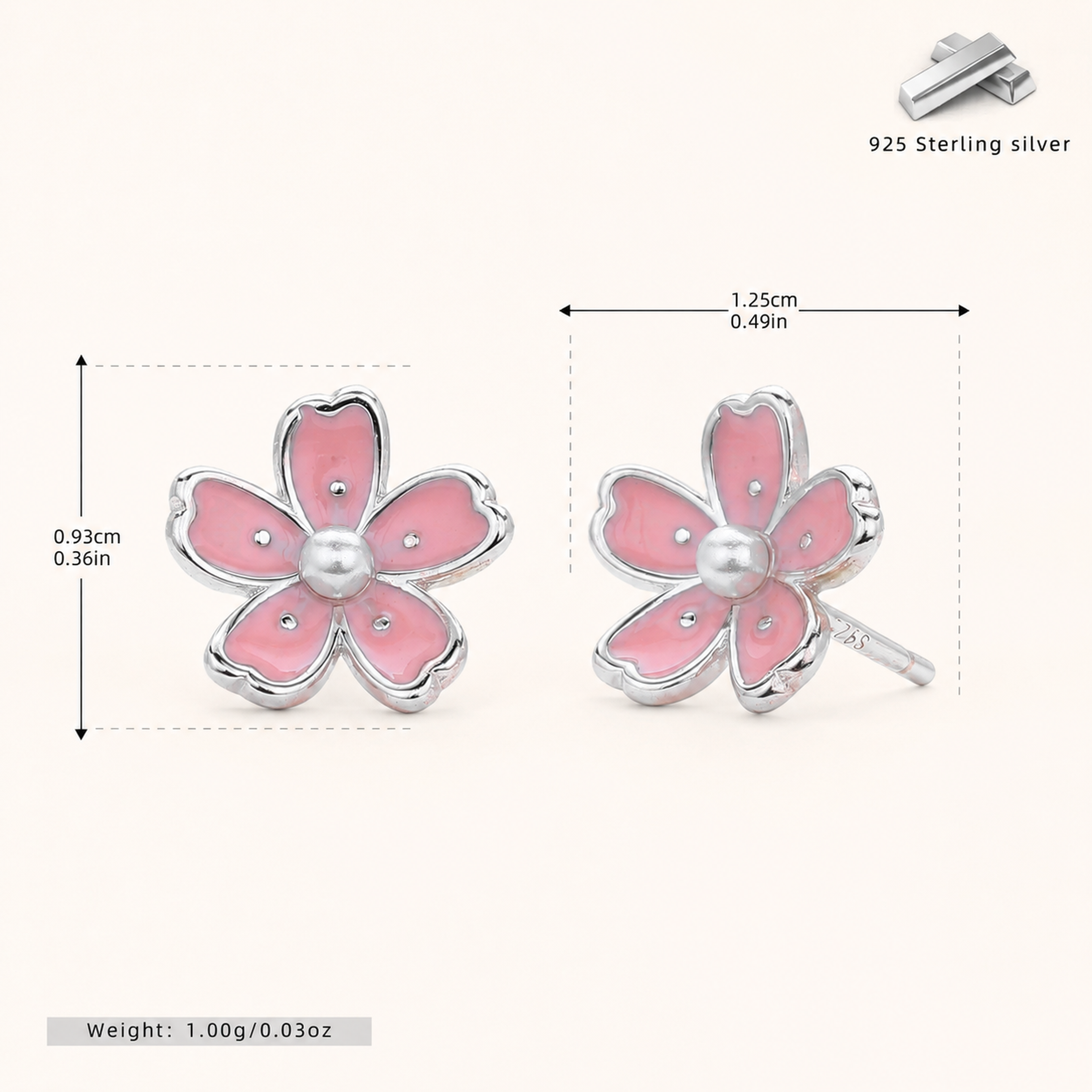 Sterling Silver Cherry Blossom Sakura Stud Earrings - Platinum