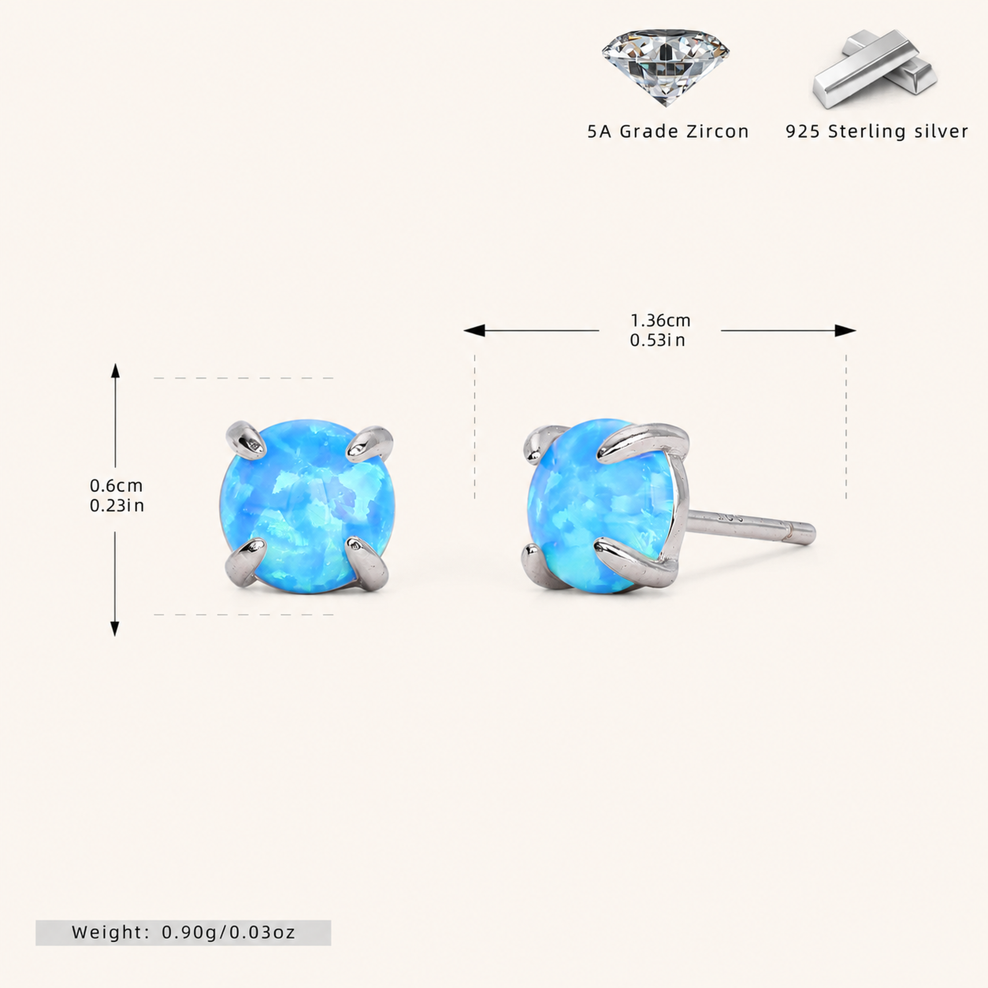 Sterling Silver Mini Opal Stud Earrings - Platinum / 6mm / Blue Opal