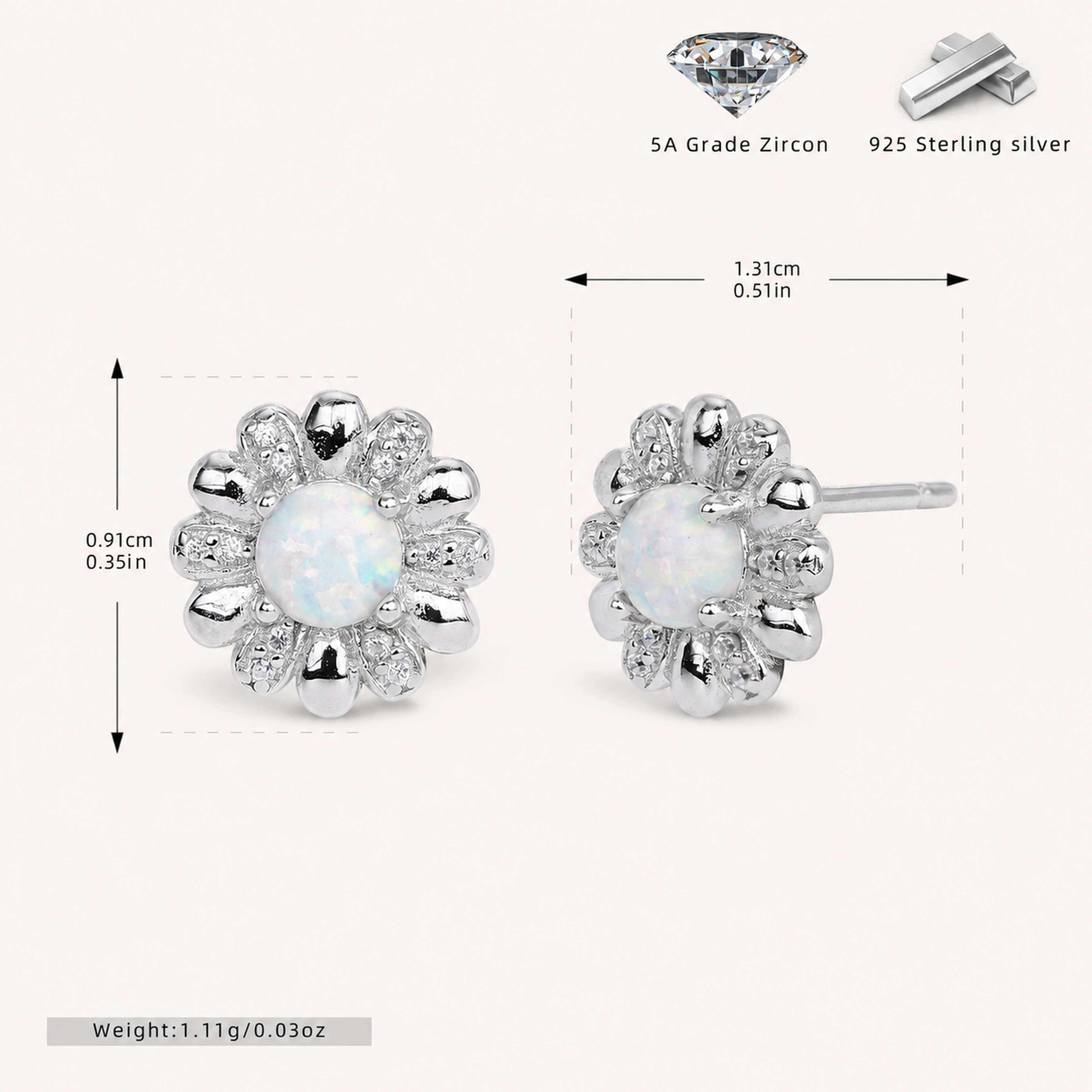 Sterling Silver Opal Flower Stud Earrings - Platinum / White Opal