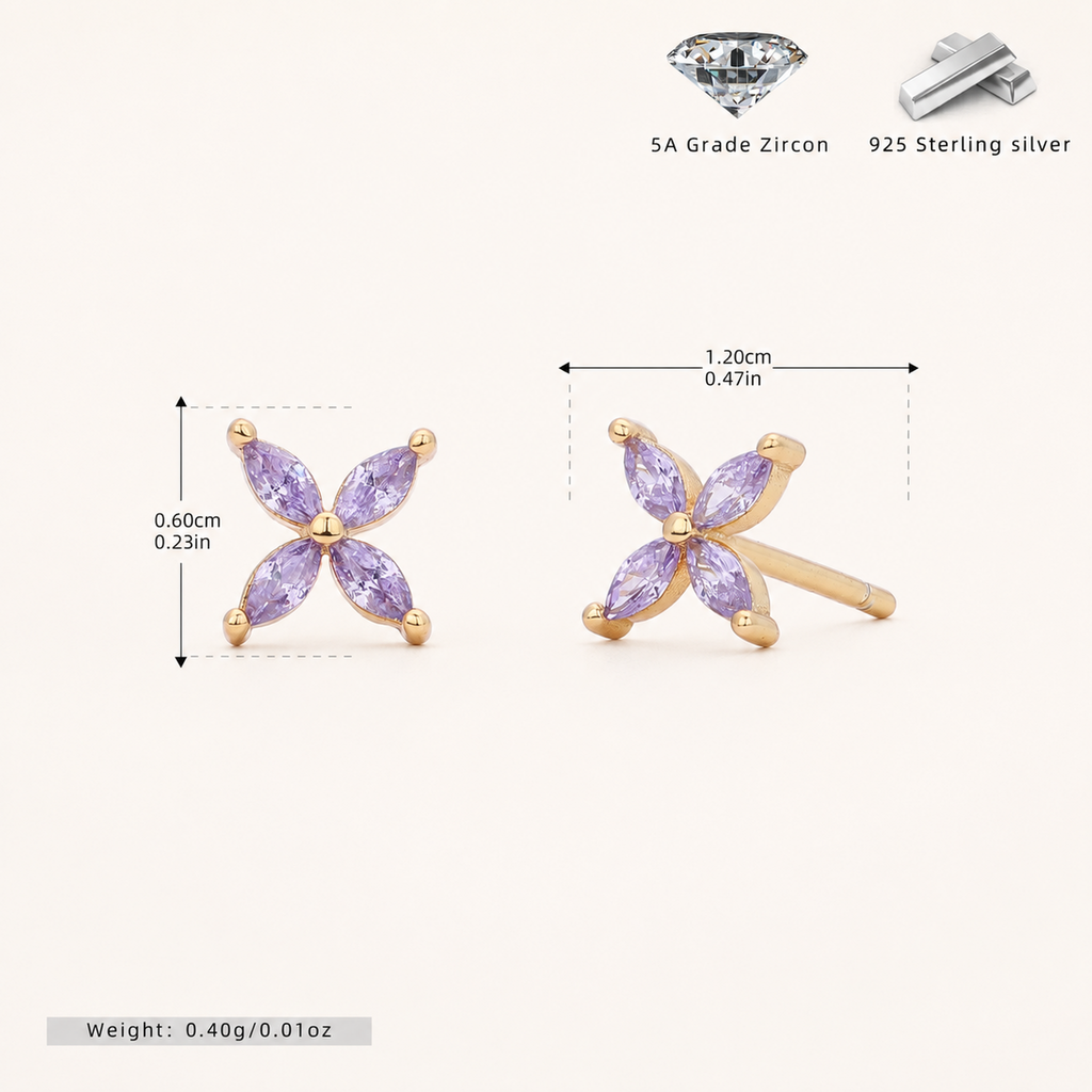 Sterling Silver Marquise Zirconia Flower Stud Earrings - Gold / Purple Zircon