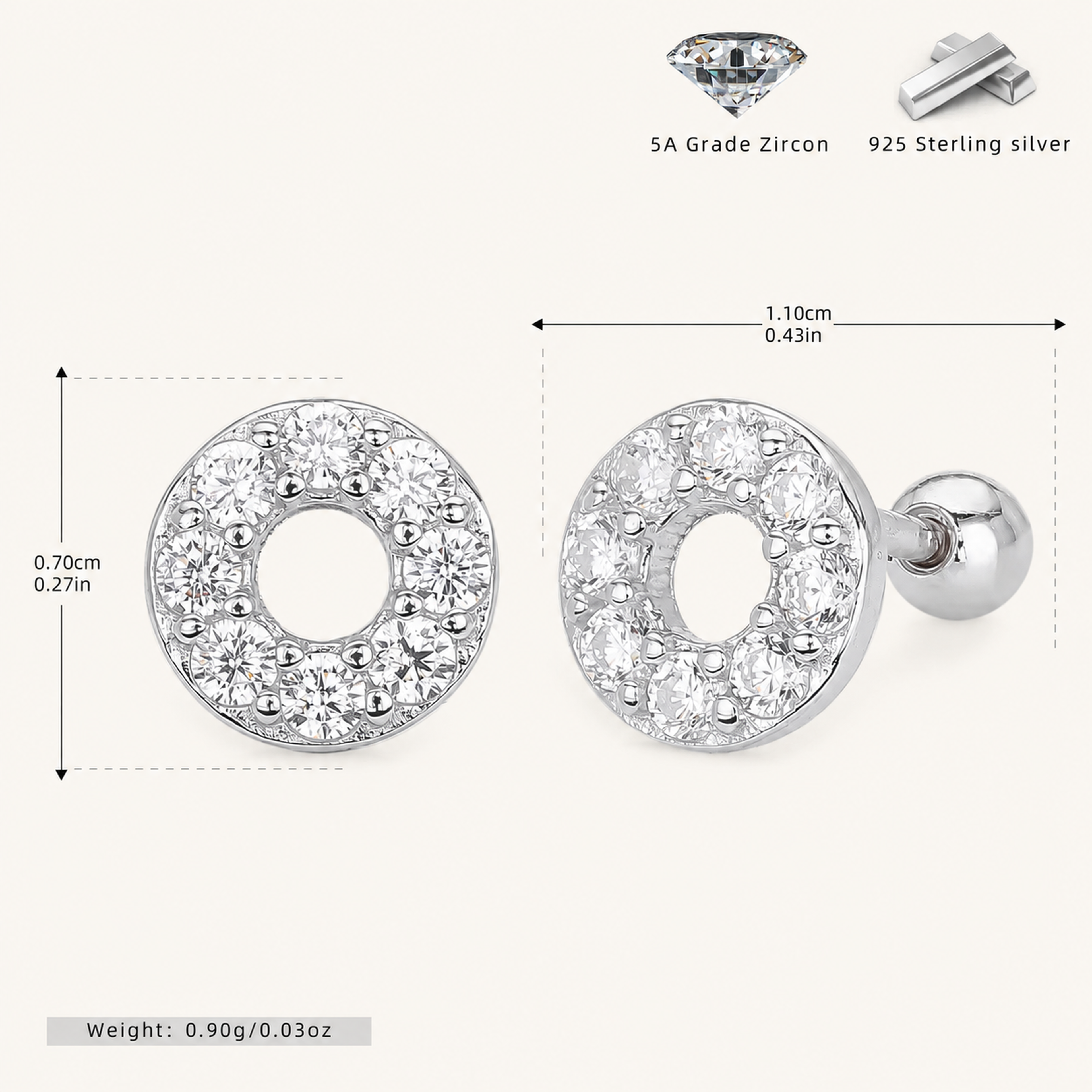 Sterling Silver Twisted Zirconia Circle Flat Back Earrings - Platinum