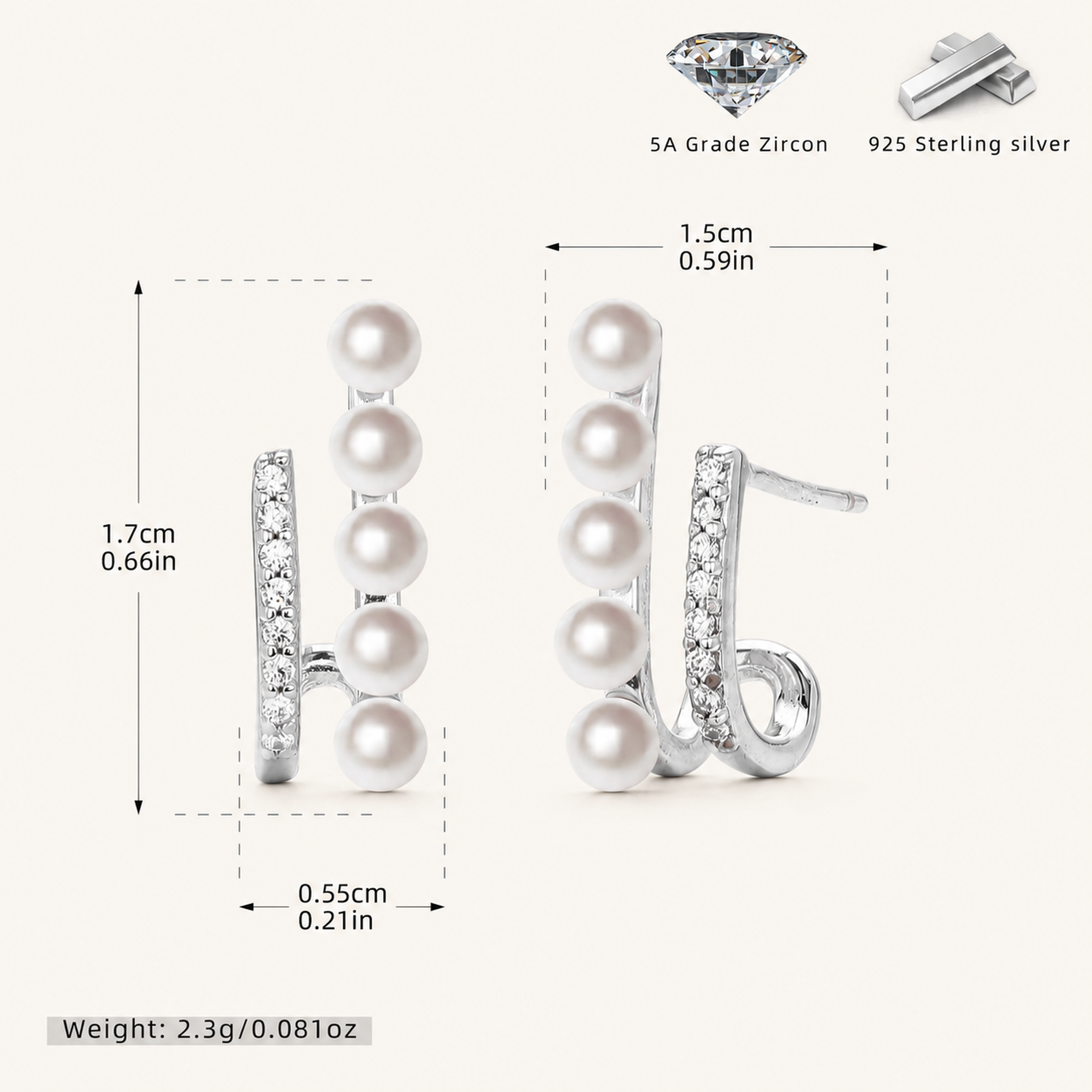 Sterling Silver Pearl & Zirconia Stud Earrings - Platinum