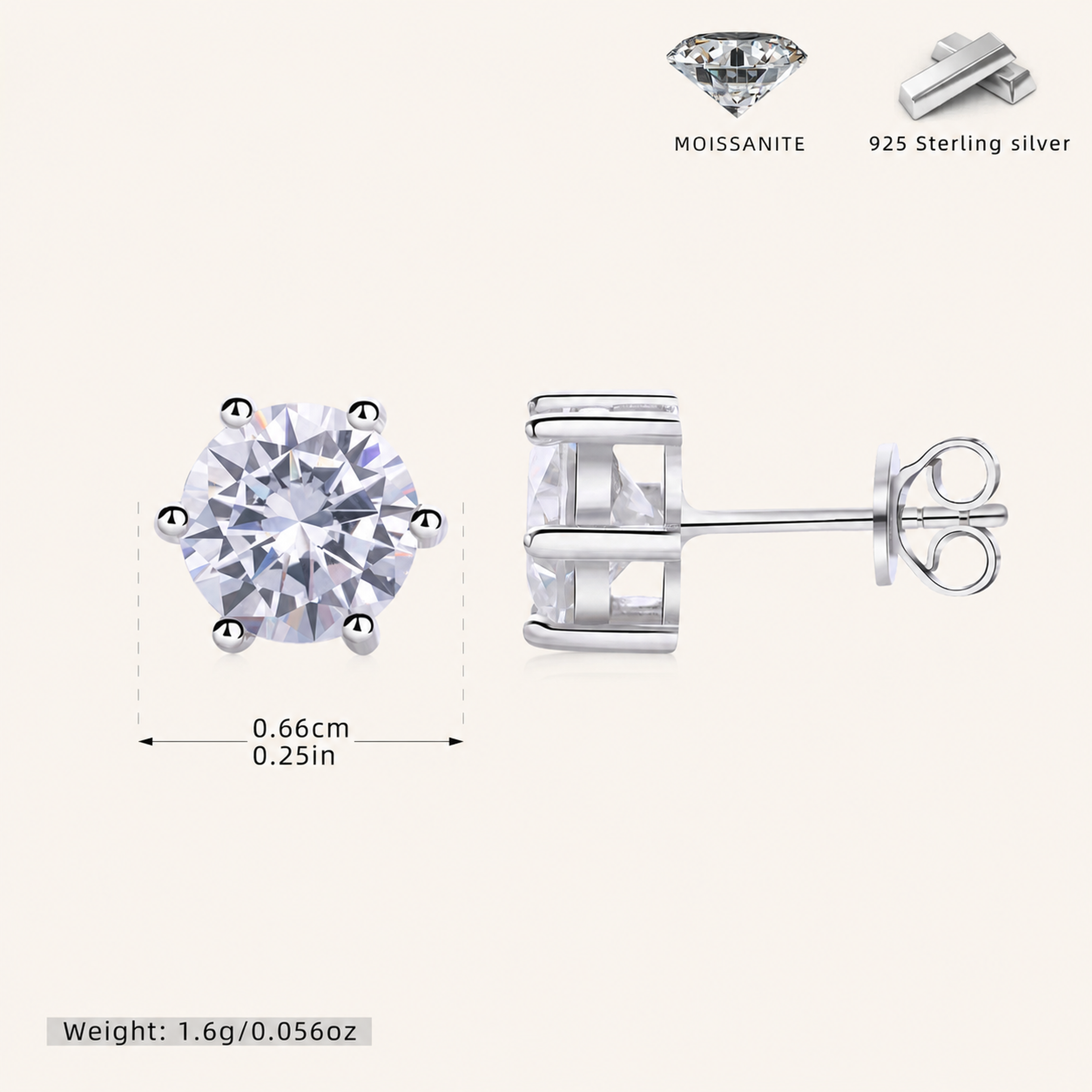 Sterling Silver Six-Prong Moissanite Stud Earrings - Platinum / 6mm