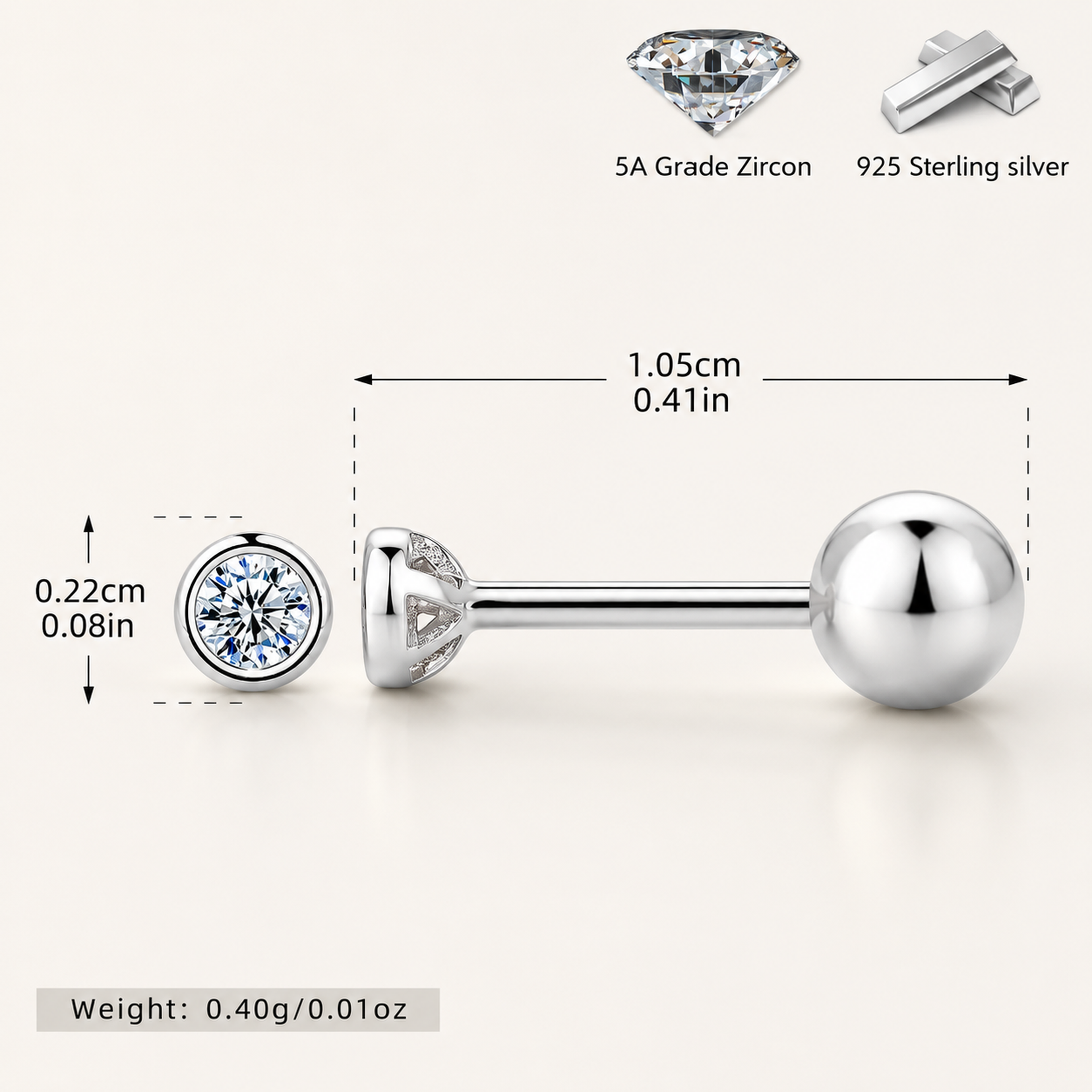 Sterling Silver Bezel-Set Zirconia Flat Back Earrings - Platinum / 1.5mm