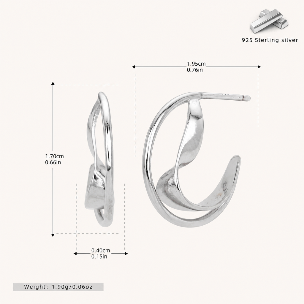 Sterling Silver Double C-Curve Stud Earrings - Platinum