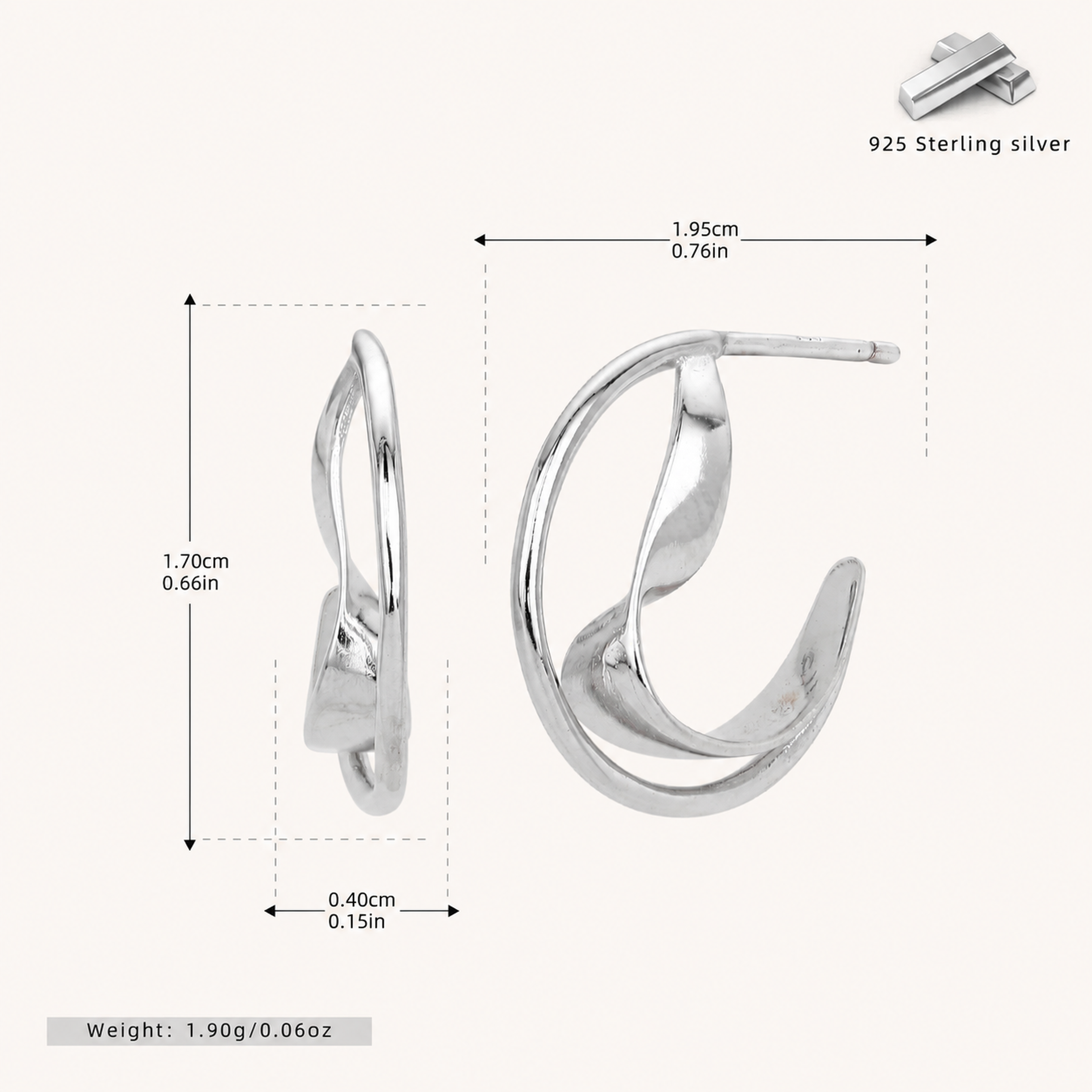 Sterling Silver Double C-Curve Stud Earrings - Platinum