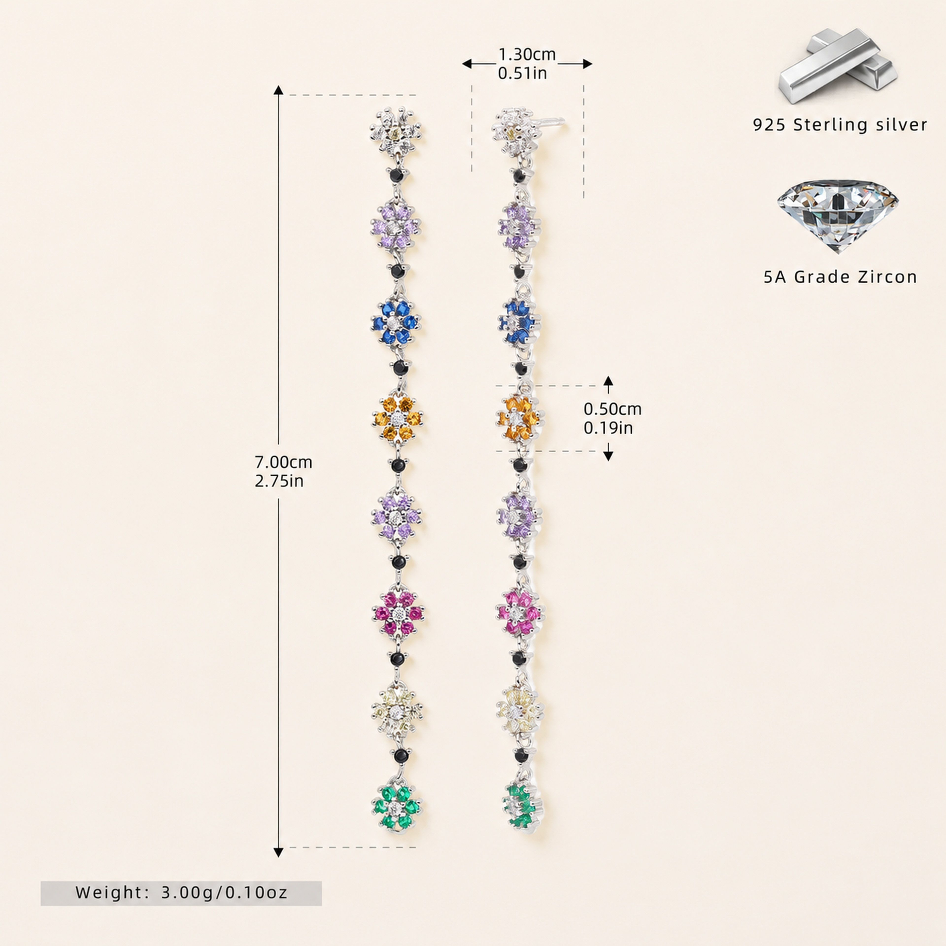 Sterling Silver Colorful Flower Chain Drop Stud Earrings - Platinum / Black