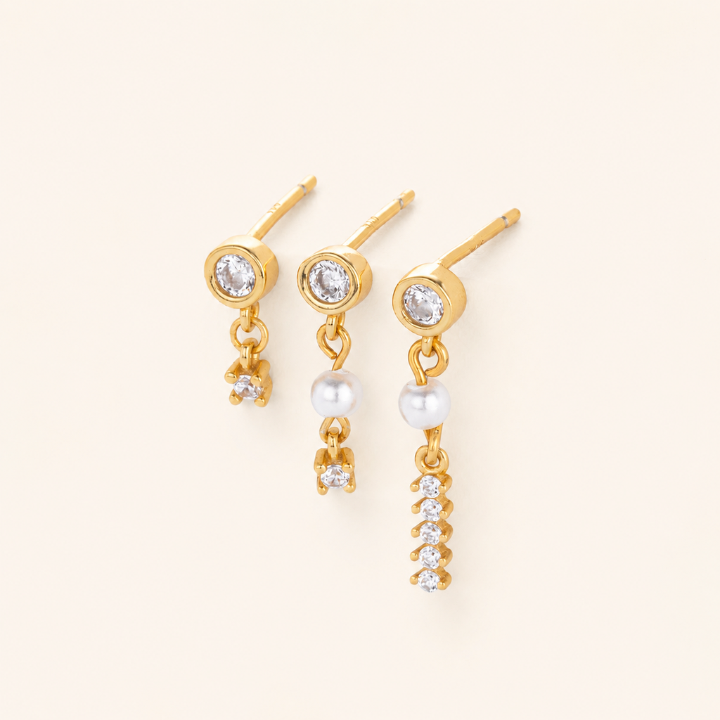 Sterling Silver Pearl & Zirconia Chain Drop Stud Earrings detail view