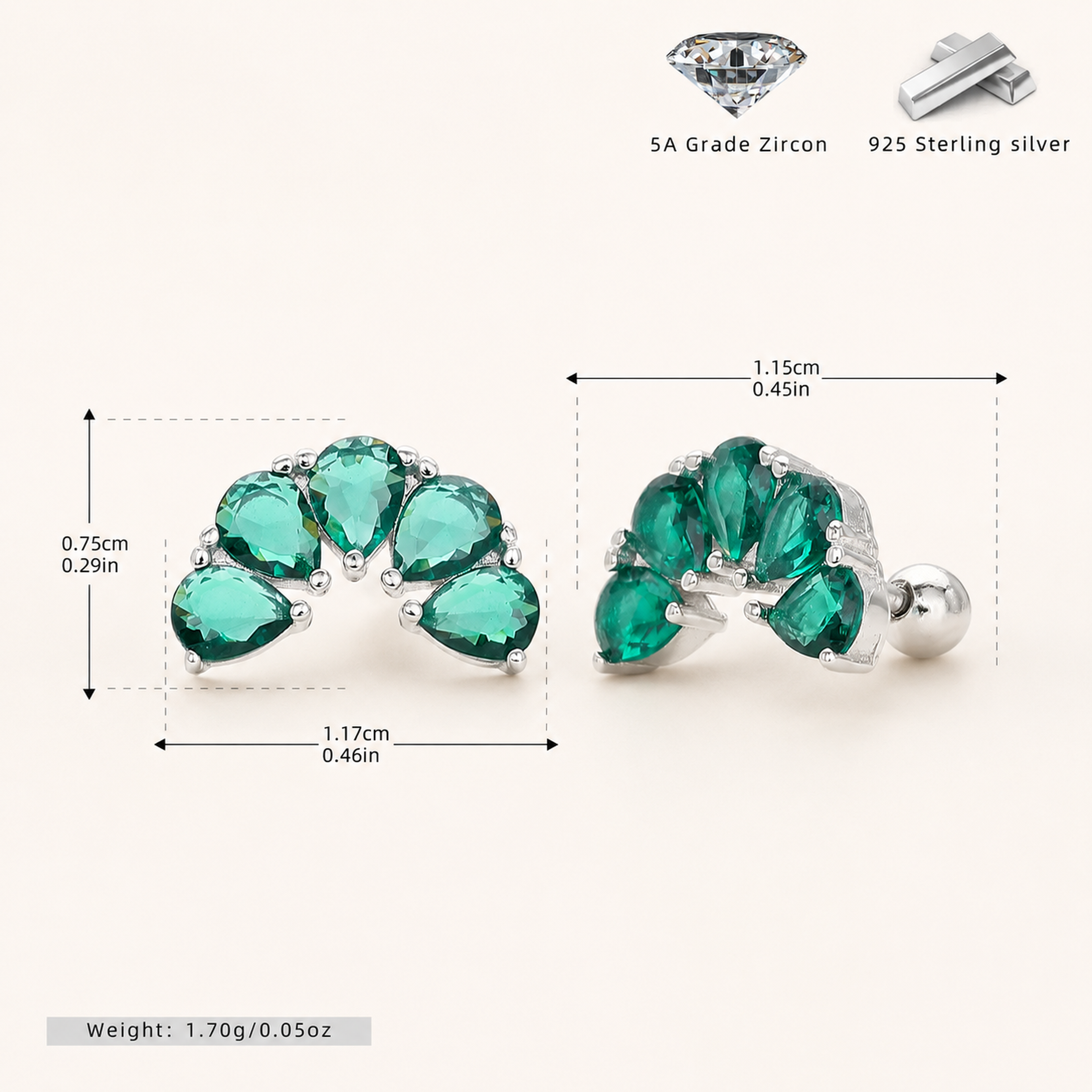 Sterling Silver Green Teardrop Zirconia Flat Back Earrings - Platinum