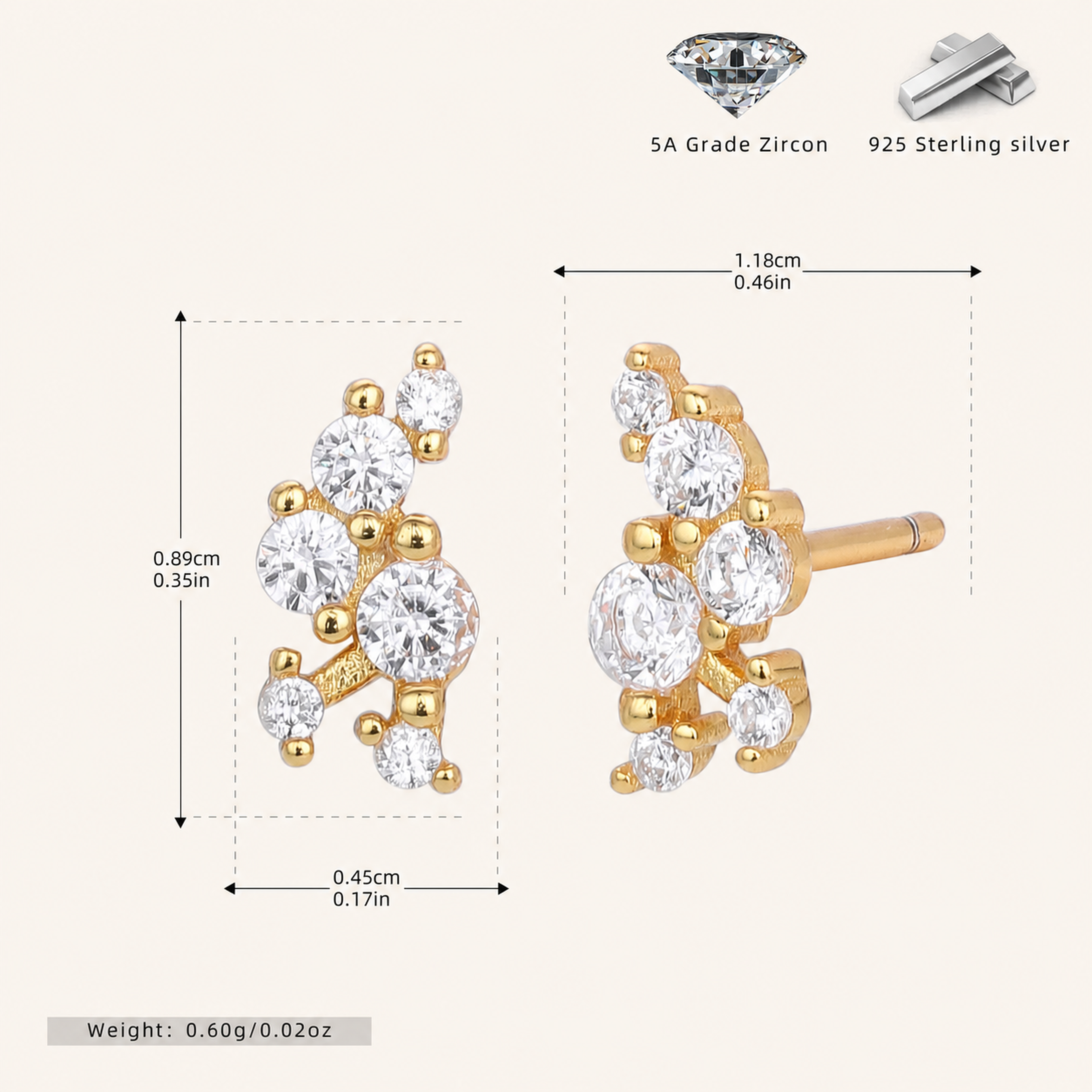 Sterling Silver Oriental Zirconia Stud Earrings - Gold