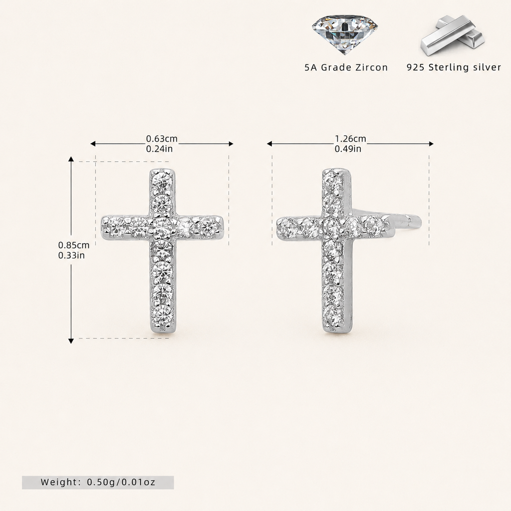 Sterling Silver Zirconia Cross Stud Earrings - Platinum